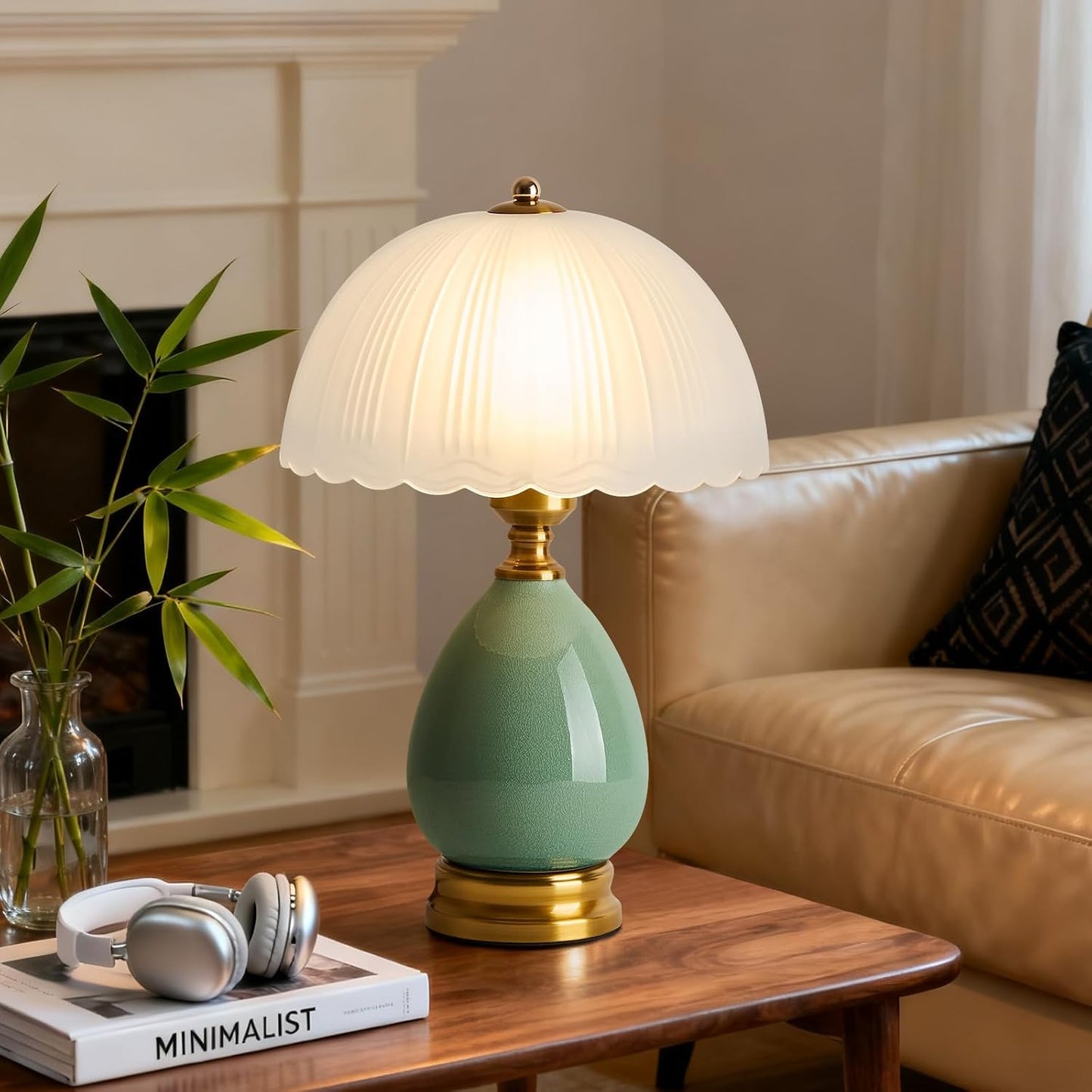 Ceramic Table lamp, Modern Bedside Lamps Green Mid Century Vintage Desk Lamp Retro Glass Mushroom Traditional Lamp for Nightstand Living Room Bedroom Home Decor (S04GN-1PACK)