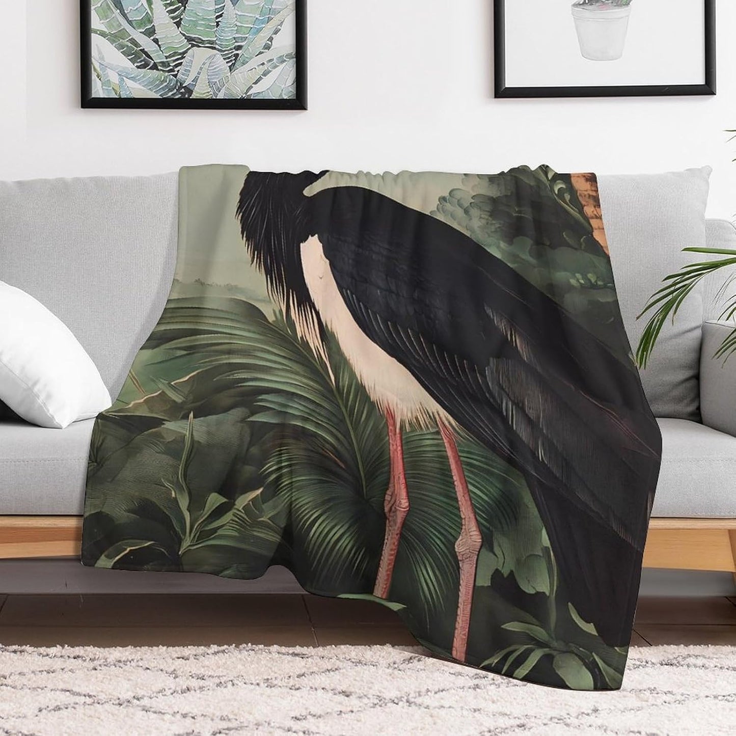 Stork On Black Throw Blanket for Couch Bed Plush Cozy Fuzzy Flannel Blanket for All Season 40"x50"