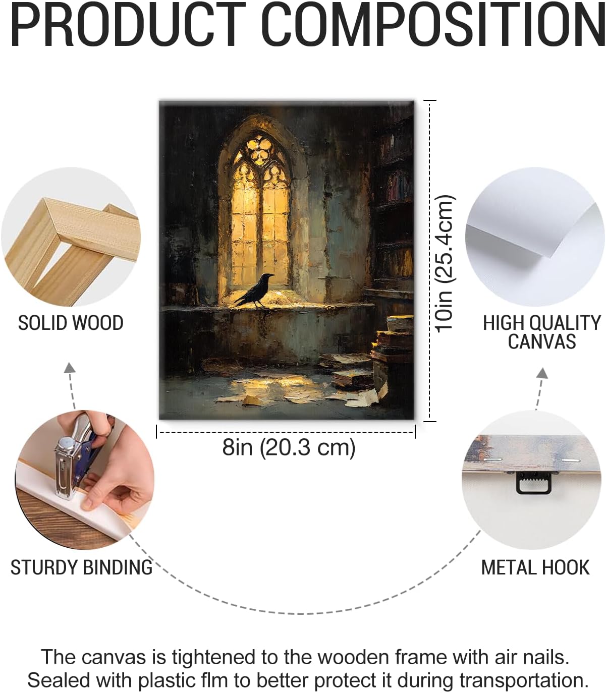 Vintage Bookshelf Raven Wall Art Print - Gothic Dark Academia Canvas Poster Painting - Book Lover Gifts Wall Decor for Reading Nook Library 8x10 Inch Framed