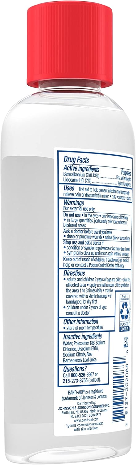 Band-Aid Brand Antiseptic Cleansing Liquid, First Aid Antiseptic Wash Relieves Pain & Kills Germs, with Benzalkonium Cl Wound Antiseptic & Lidocaine HCl Topical Analgesic, 6 fl. oz