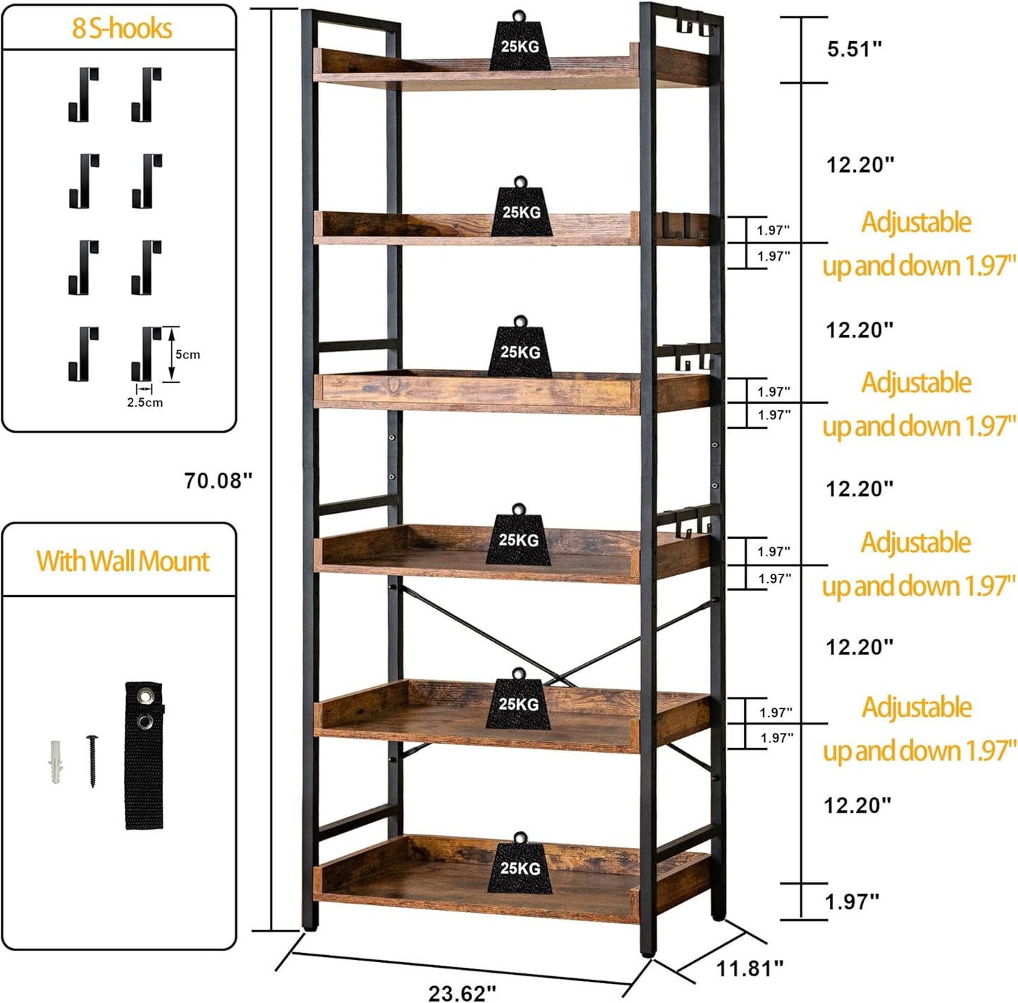 6-Tier Adjustable Open Bookcase — Industrial Wood & Black Metal, Rustic Farmhouse