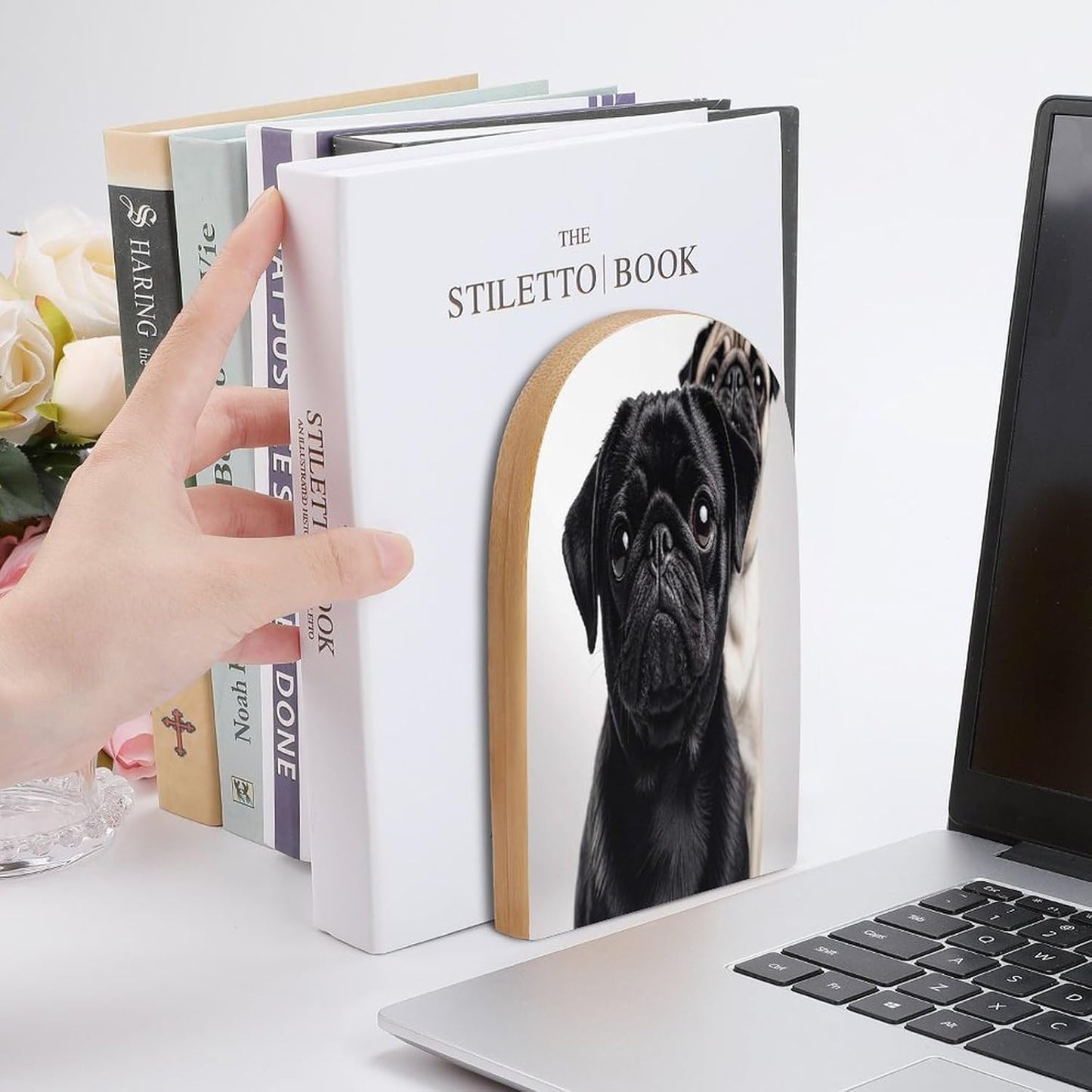 Cute Black Pug Dog Bookends Wooden Book Ends for Shelves Big Sturdy Book Holders Stoppers with Metal Base for Shelves Heavy Duty Book End Office Book Stopper