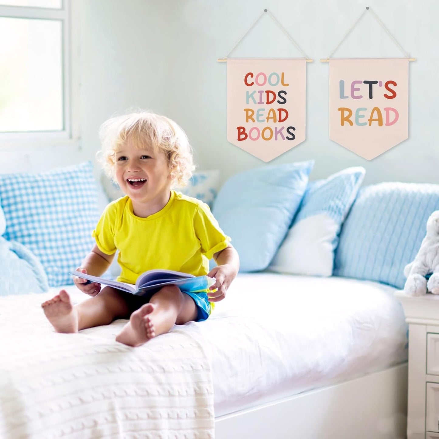 Cool Kids Read Books Hanging Banner-Kid Wall Decor, Let's Read Reading Corner Decor, Reading Nook Wall Art, 2 Pcs Boho Wooden Canvas Banner for Classroom Library Home Kids Room Nursery Preschool