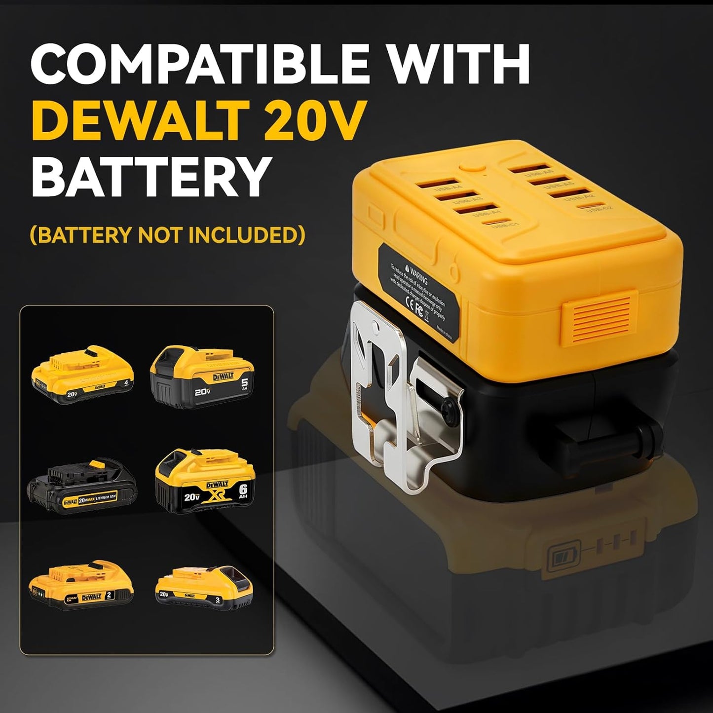 Portable USB Charger Adapter for Dewalt 20V Battery, Power Converter with 8 Ports USB-A & Type-C for Workshop Camping Travel Job Site (Battery Not Included