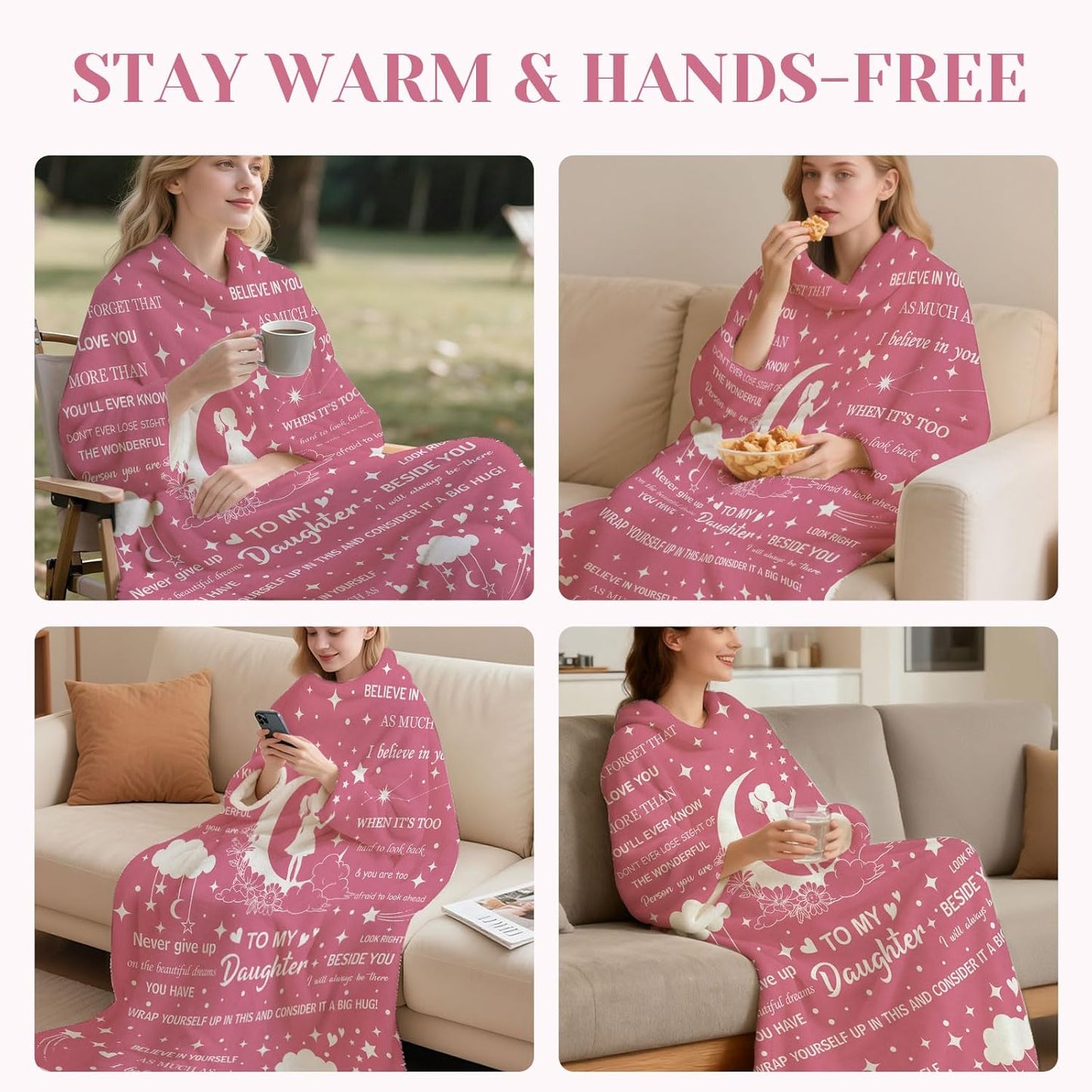 Wearable Blanket with Sleeves, Flannel Wearable Blanket for Women Girls Mom, Comfy Snuggy Wrap Throws for TV Sofa