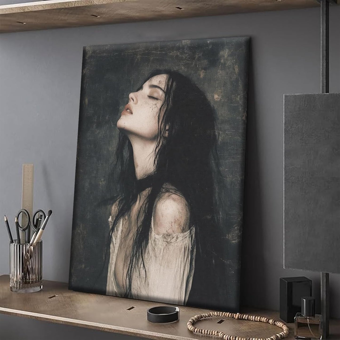 XLYFVLGF Dark Melancholy Bookish Canvas Wall Art Dark preppy wall decor picture Gothic Victorian woman painting artwork Melancholic Reading Nook Print Poster for Bedroom Gallery Decoration 12x16in