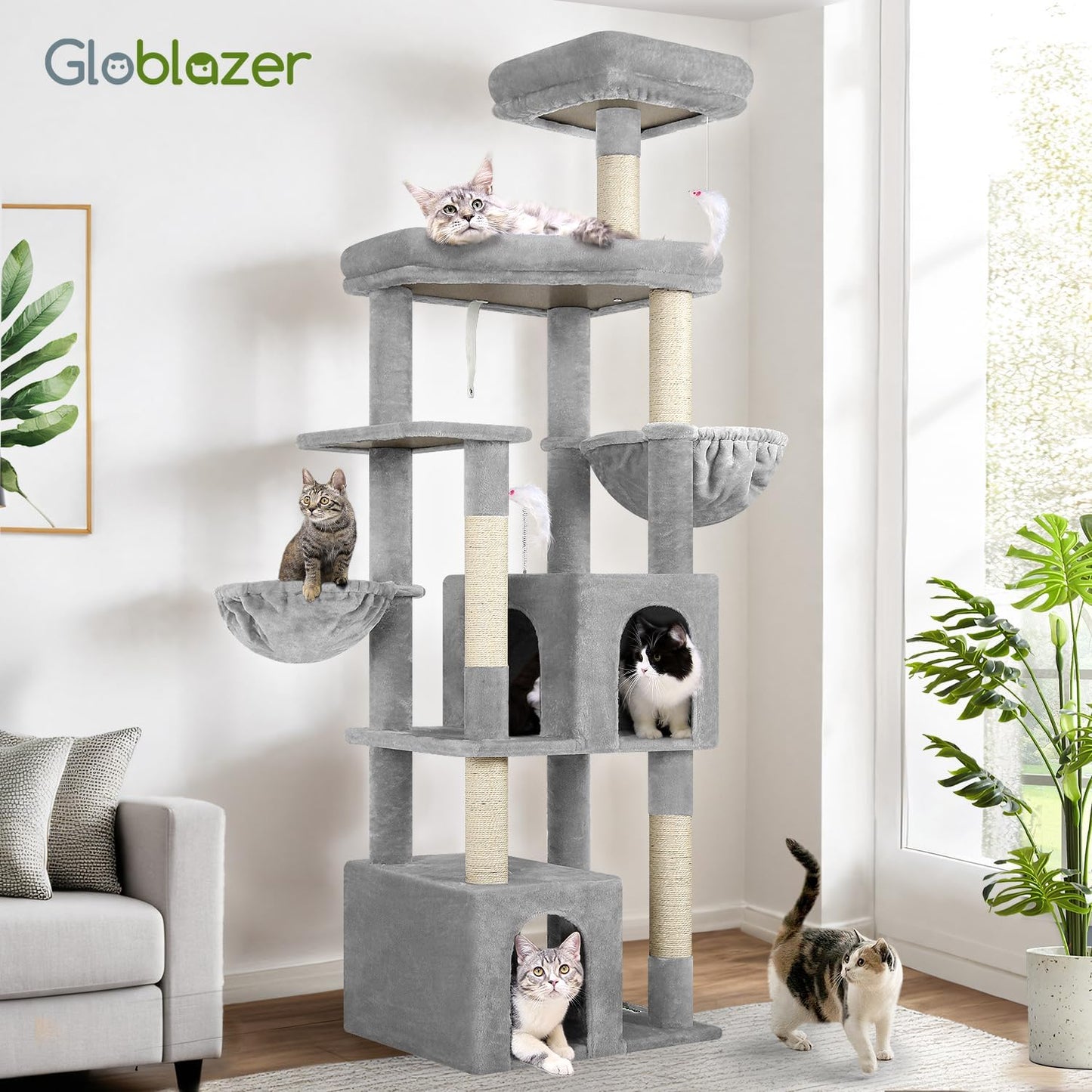 Globlazer Sturdy Cat Tree, 68-inch Large Cat Tower for Indoor Adult Cats 20 lbs Heavy Duty Cat Tree for Big Cats with Extra Large Platform, 5 Scratching Post, S68, Cloud Grey