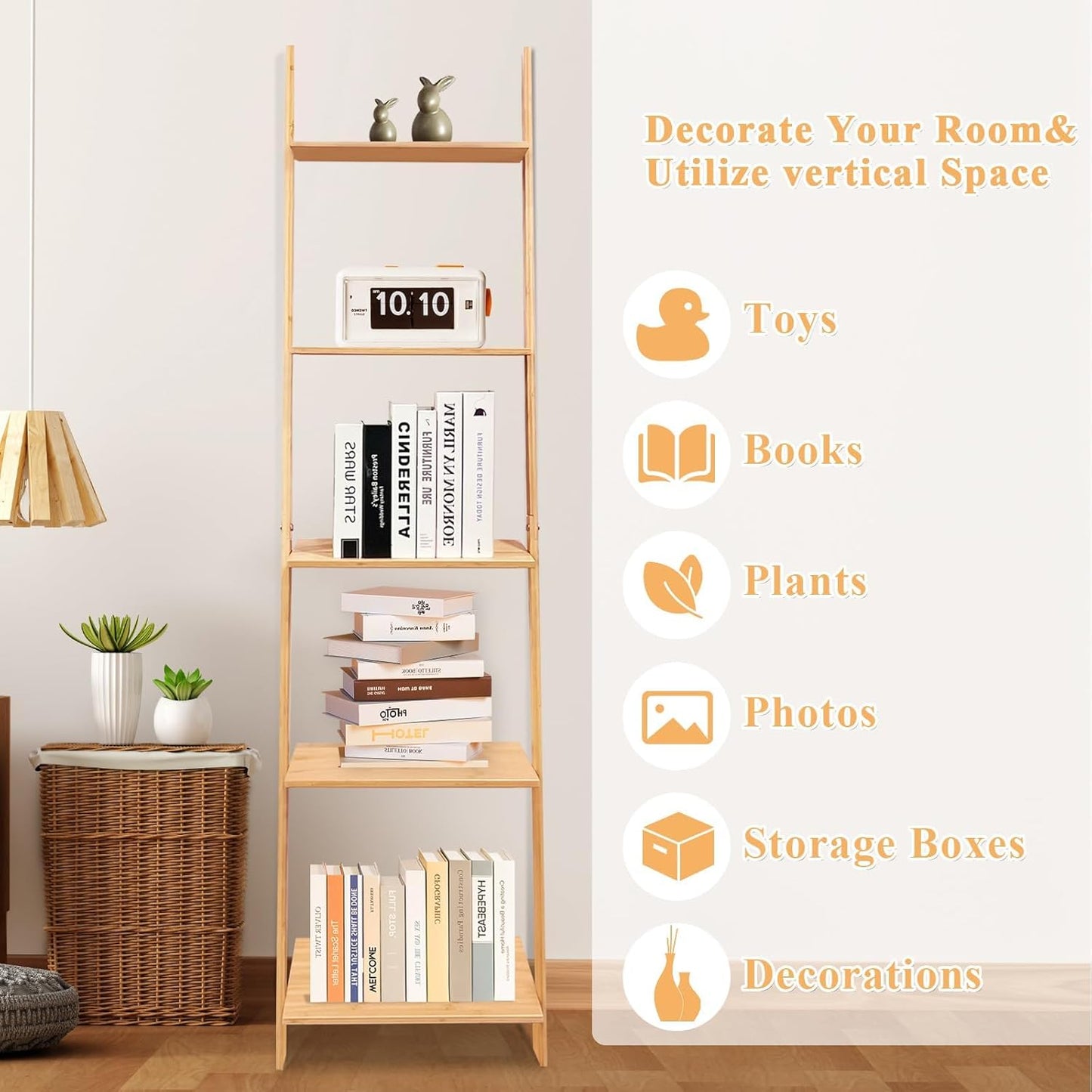 HYNAWIN Wall Leaning Ladder Shelf Bookcase,5-Tier Bamboo Storage Rack Shelvest,FreeStanding Plant Stand, Corner Display Shelves for Living Room, Bathroom, Kitchen, Office(65in)