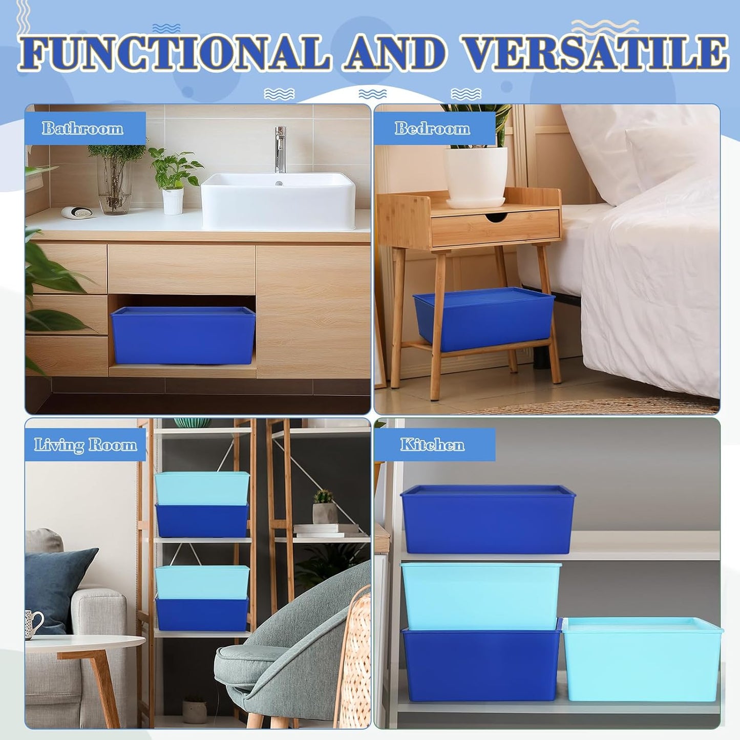 Menkxi 6 Pcs Large Plastic Storage Bins with Lids 14.4 x 10.4 x 5.1 Inch Stackable Storage Containers Decorative Cubby Organizer for Clothes Shelves Garage Closet Office (Blue Series)