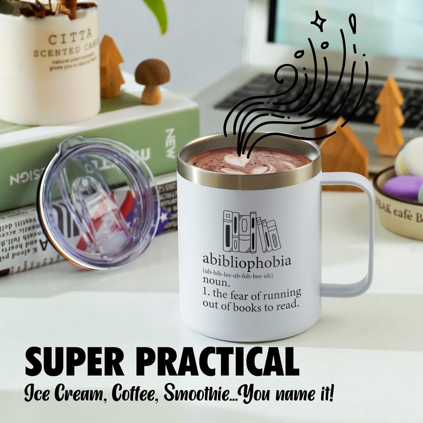 Onebttl Book Lovers Gifts For Women, Men - Abibliophobia - 12 oz /350 ml Insulated Mugs - Reading Gift for Book Worm, Librarians, Readers - (White)