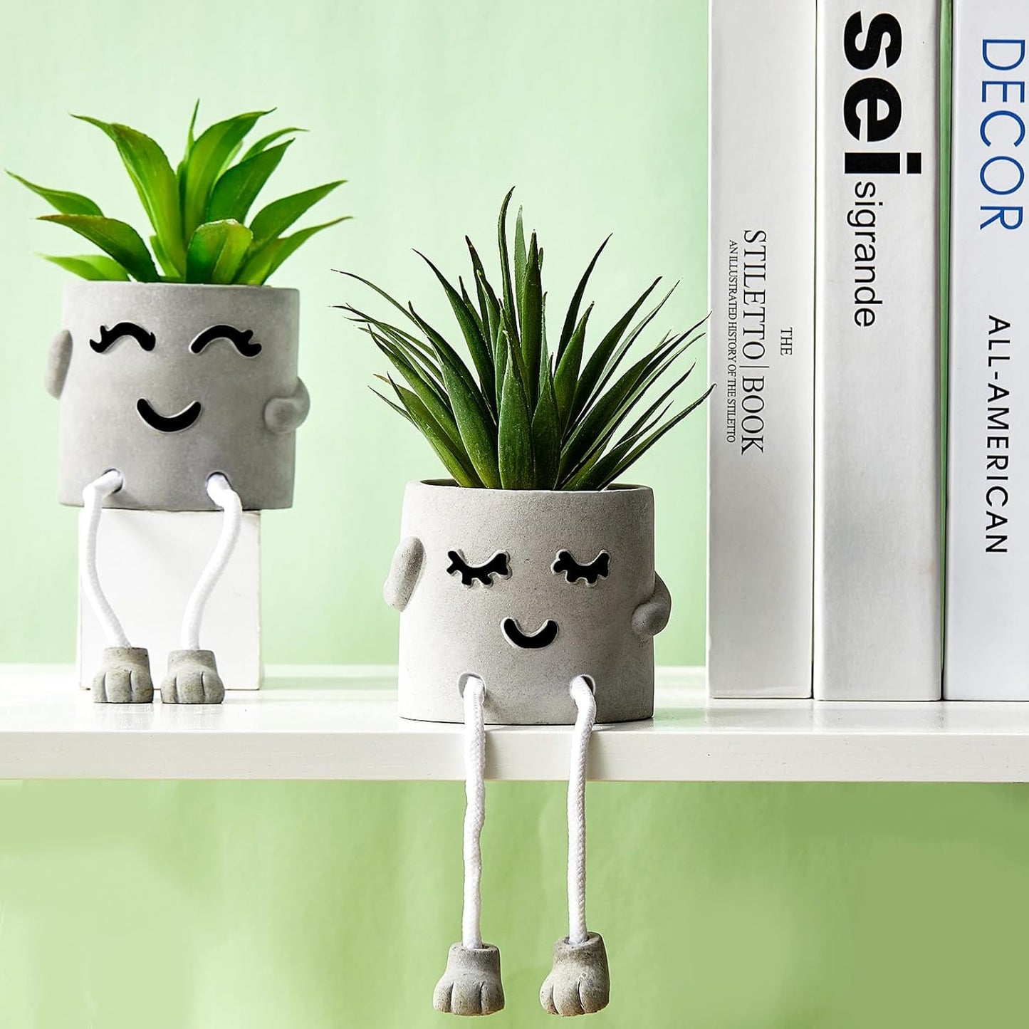 Artificial Potted Plant Faux Succulent Plant Cubicle Decor Cute Fake Desktop Plant Hanging Leg Cement Potted Decor for Bookshelf Bedroom Living Room Office Decor (Simple Style,2 Pcs)