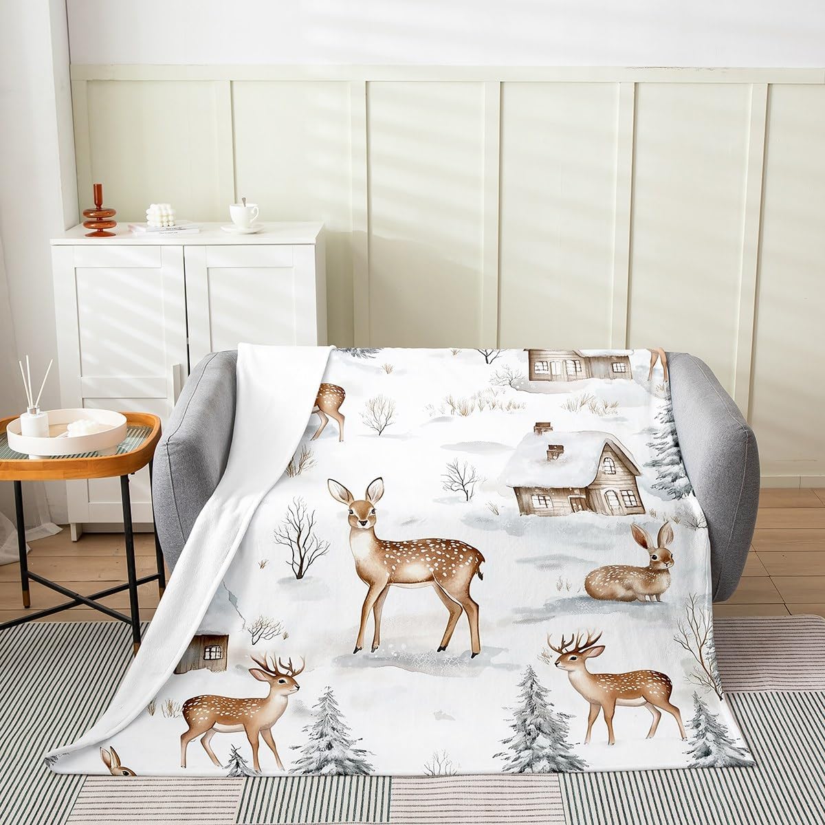 Watercolor Cute Deer Throw Blanket Winter Natural Pine Trees Flannel Blanket for Kids Teens Adults Lovely Wild Animals Rustic Farmhouse Style Bed Blanket for Bedroom Couch 30x40