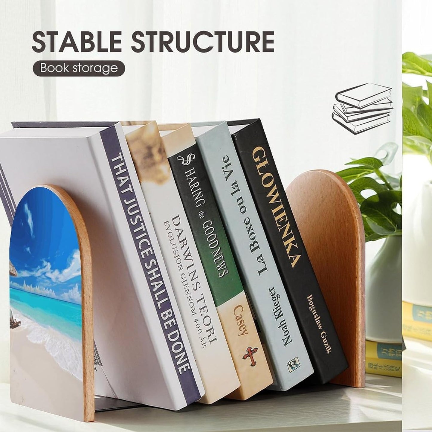 Non-Slip Bookend for Shelves White Beach Tropical Sea Wooden Bookends with Metal Base Decorative Book Stopper for Home Heavy Duty Wood Book Storage for Books/CDs