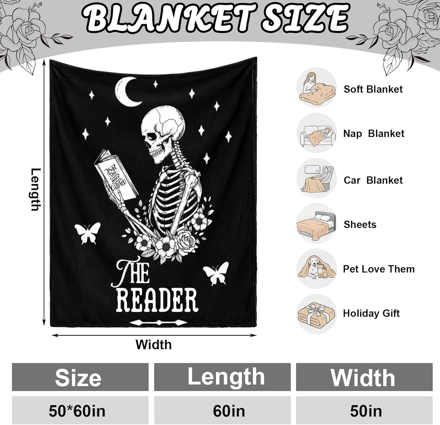 Moukeren Book Lovers Gifts for Readers Gothic Skeleton Reading Blanket 50"x60" Soft Flannel Throw Book Blanket for Women Bookish Bookworm Club Librarian Birthday Gifts Cozy Reading Accessories