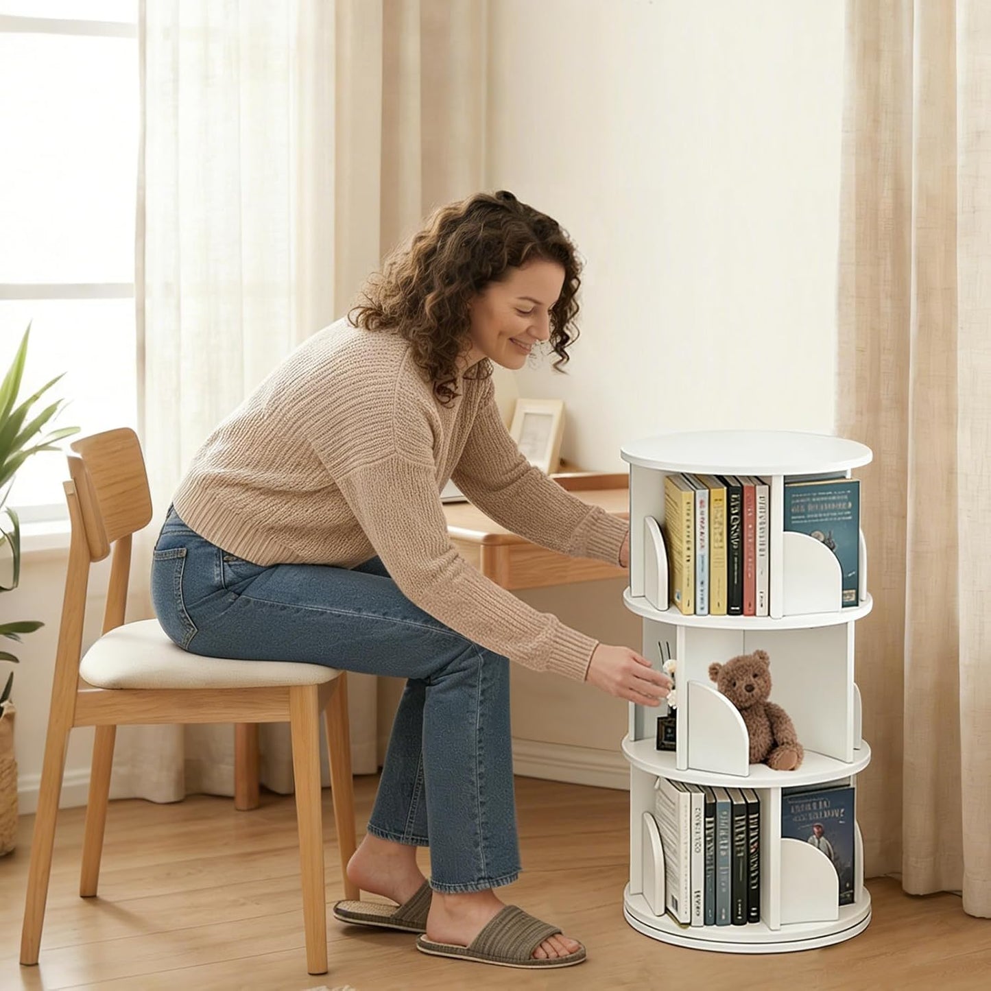 3 Tier Rotating Bookshelf, 360-Degree Swivel Revolving Tower Floor Standing Bookcase with Lazy Susan, Narrow Spinning Organizer for Small Space, Corner Storage, Study Room, Adult & Kids, White