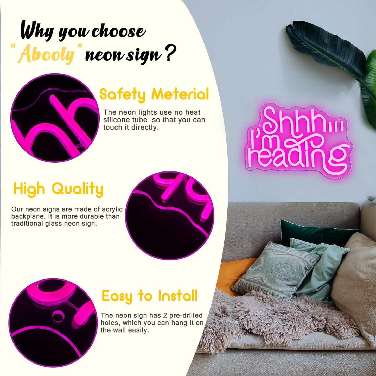 Shhh I'm Reading Neon Sign, Dimmable Classroom Neon Light Sign, School Supplies Backdrop Wall Decor, Reading Wall Library Hanging Sign Book Bookshelf Quote Gifts for Friend(13 * 9.1in)