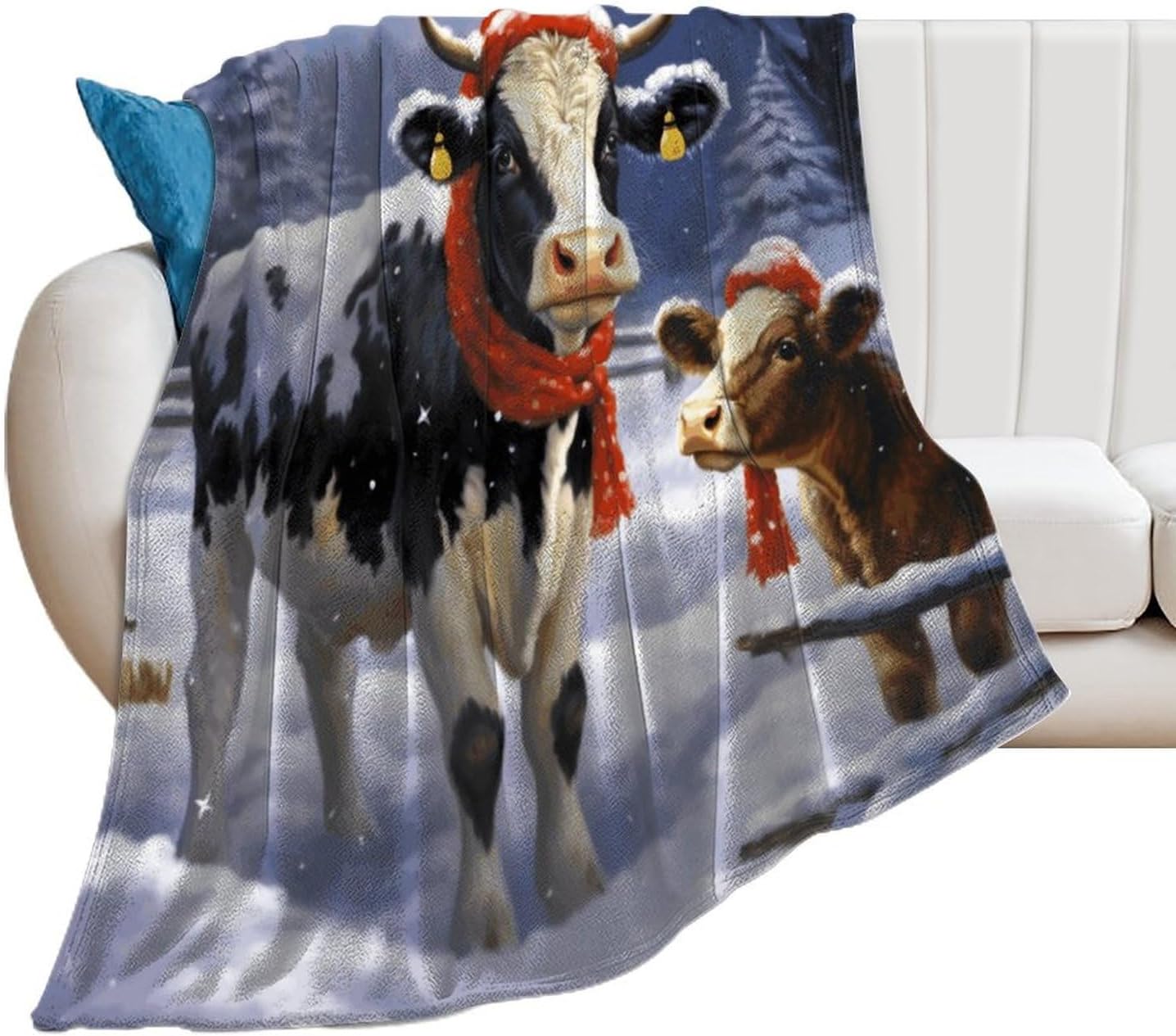 Christmas Snow Cow Blanket Chunky Fluffy Fuzzy Bed Blankets Cozy Soft Warm Winter Blankets Anti-Pilling Flannel Throw Blanket for Couch Living Room Bedroom Multiple Size