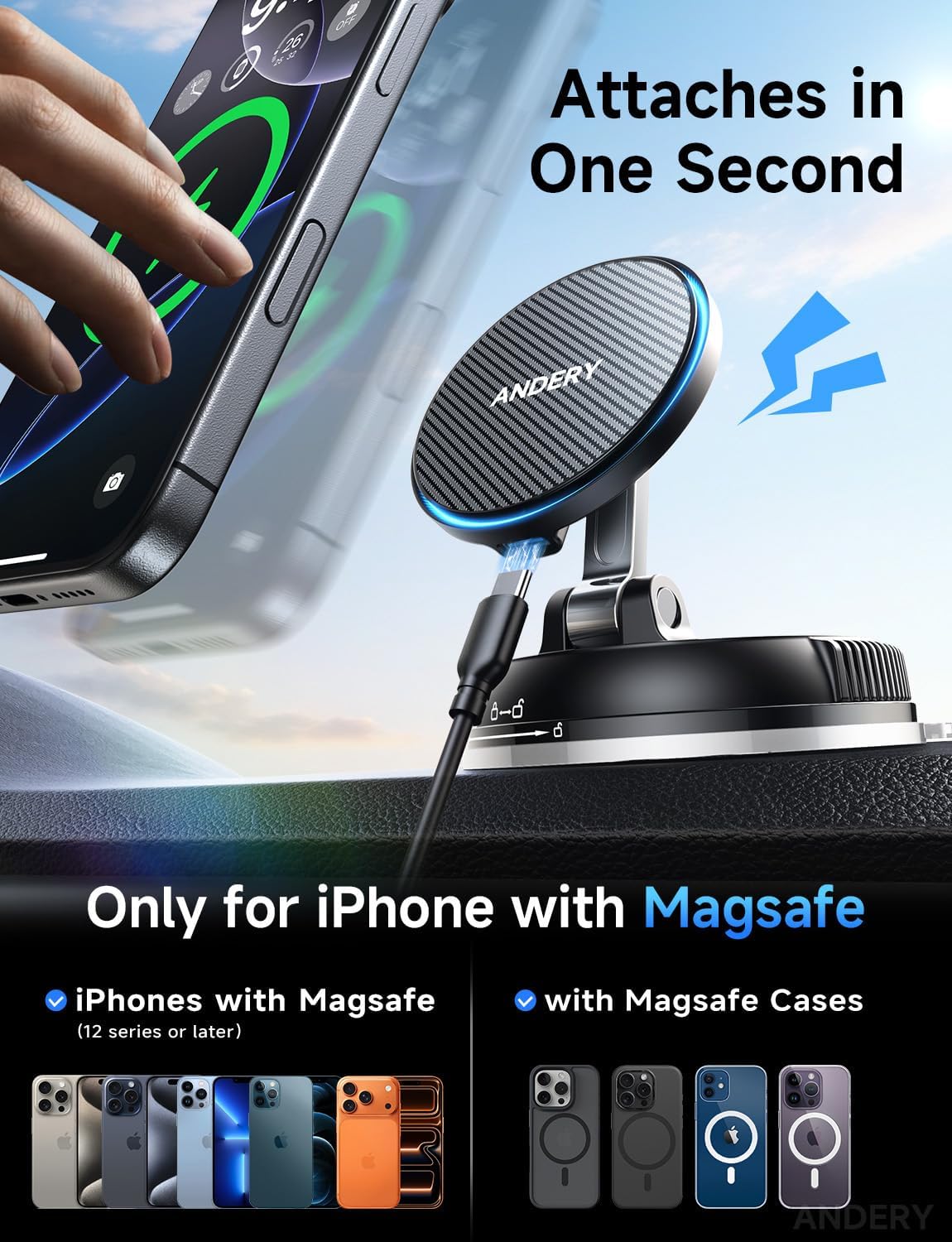 Only for iPhone Magsafe Car Mount Charger [15W Wireless Faster Charging, 78+LBS Strongest Suction, 2400gf Strongest Magnetic] 360° Adjustable Phone Holders for Your Car for Garmin GPS, Carbon Fiber