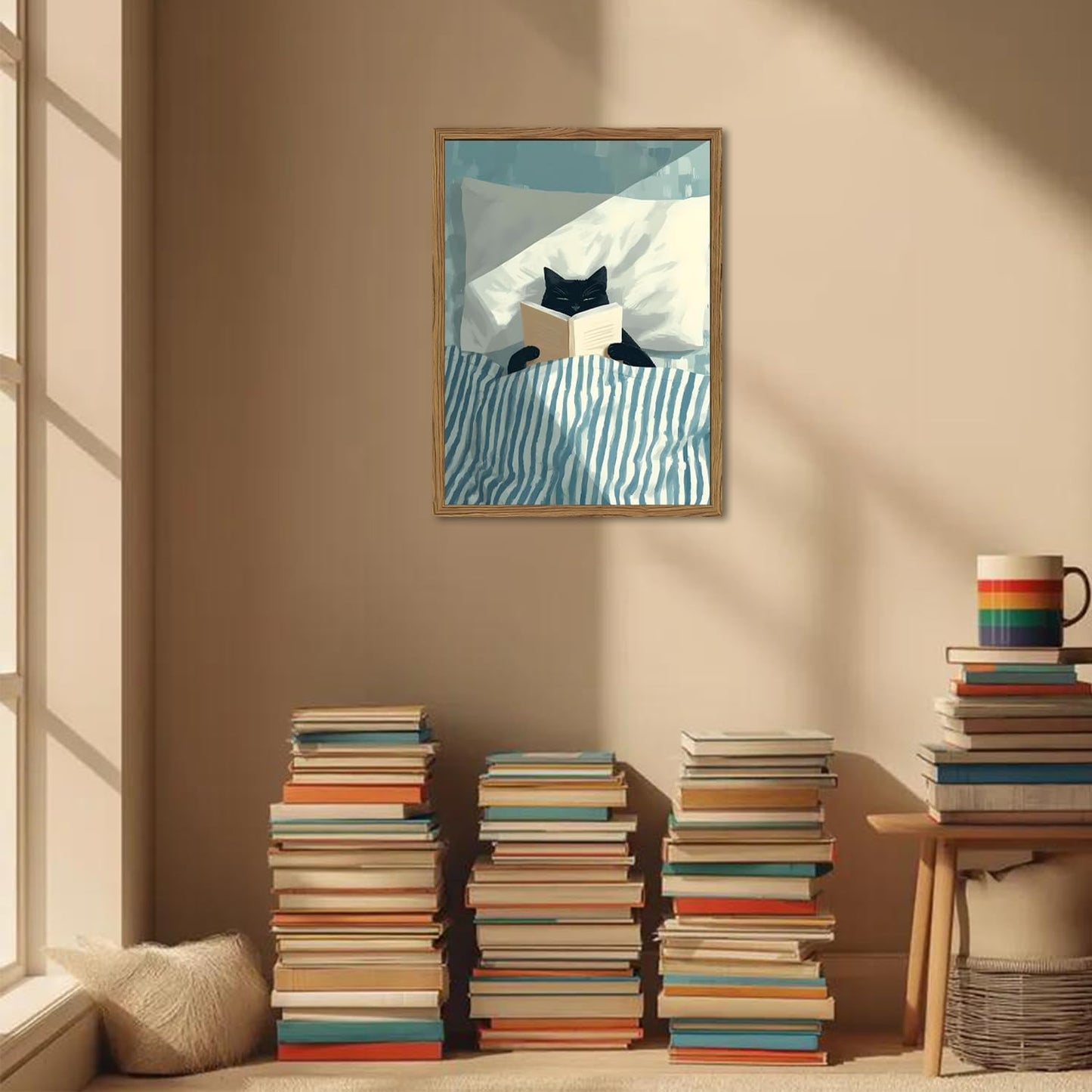 Framed Funny Black Cat Wall Art, Whimsical Cat in Stripe Bed Reading Wall Decor Painting Cute Animal Book Lover Blue and White Poster Canvas Print for Bedroom Living Room 16x24 inch Wood Framed