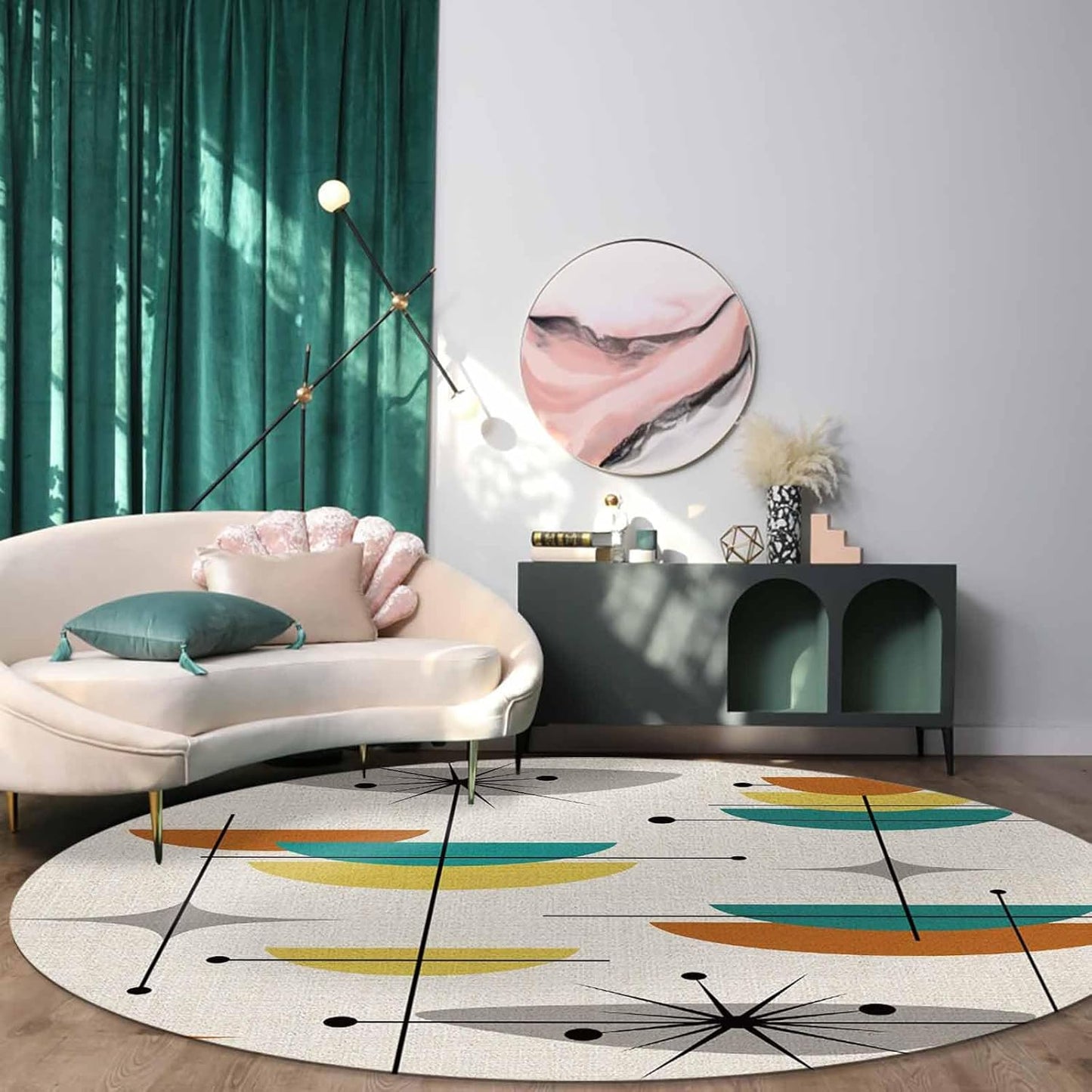 Mid Century Round Rug 3ft Abstract Orange Turquoise Yellow Throw Soft Area Rug Low Pile Non Slip Rug Carpet Washable Floor Mat for Living Room, Bedroom, Farmhouse, Office