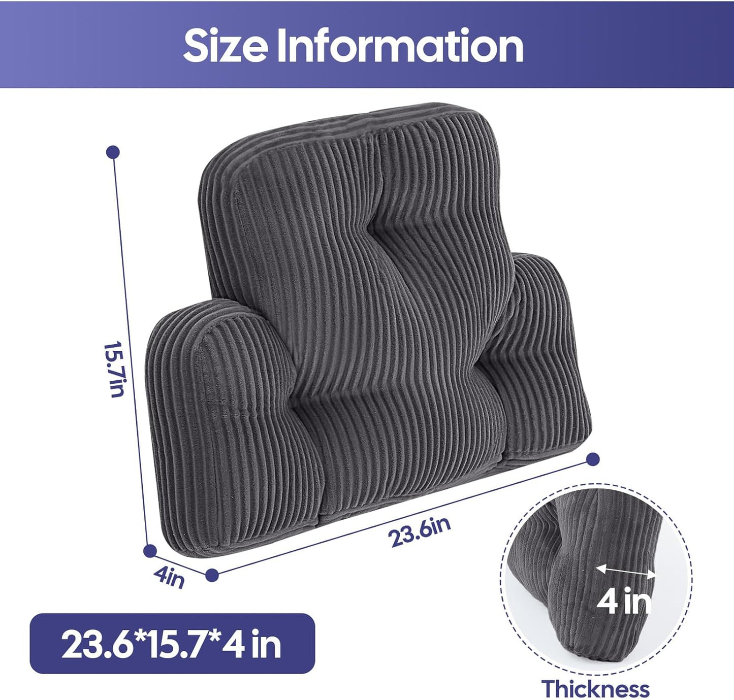 Lumbar Support Pillow for Recliner, Large Back Support Pillow for Office Chair, Tufted Corduroy Back Cushion for Elderly, Lower Back Pain Relief, Ideal for Sofa & Couch, Dark Grey