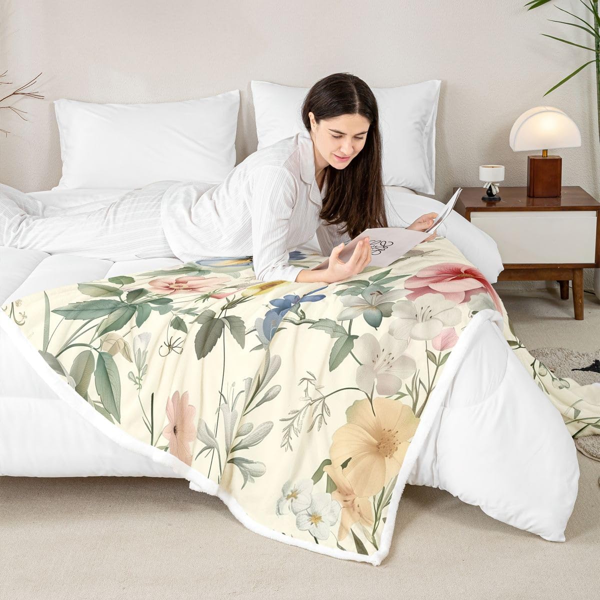 Feelyou Vintage Floral Sherpa Throw Blanket for Couch Boho Leaf Super Soft Cozy Fleece Garden Blanket for Winter, Plush Throw Throw 50"x60" All Season