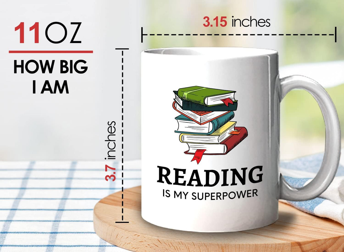 Bubble Hugs Book Lover Coffee Mug 11oz White - Reading Is My Superpower B - Reading Owl Reader Stack of Books Book Lover Bookish Novelist Librarian Writer