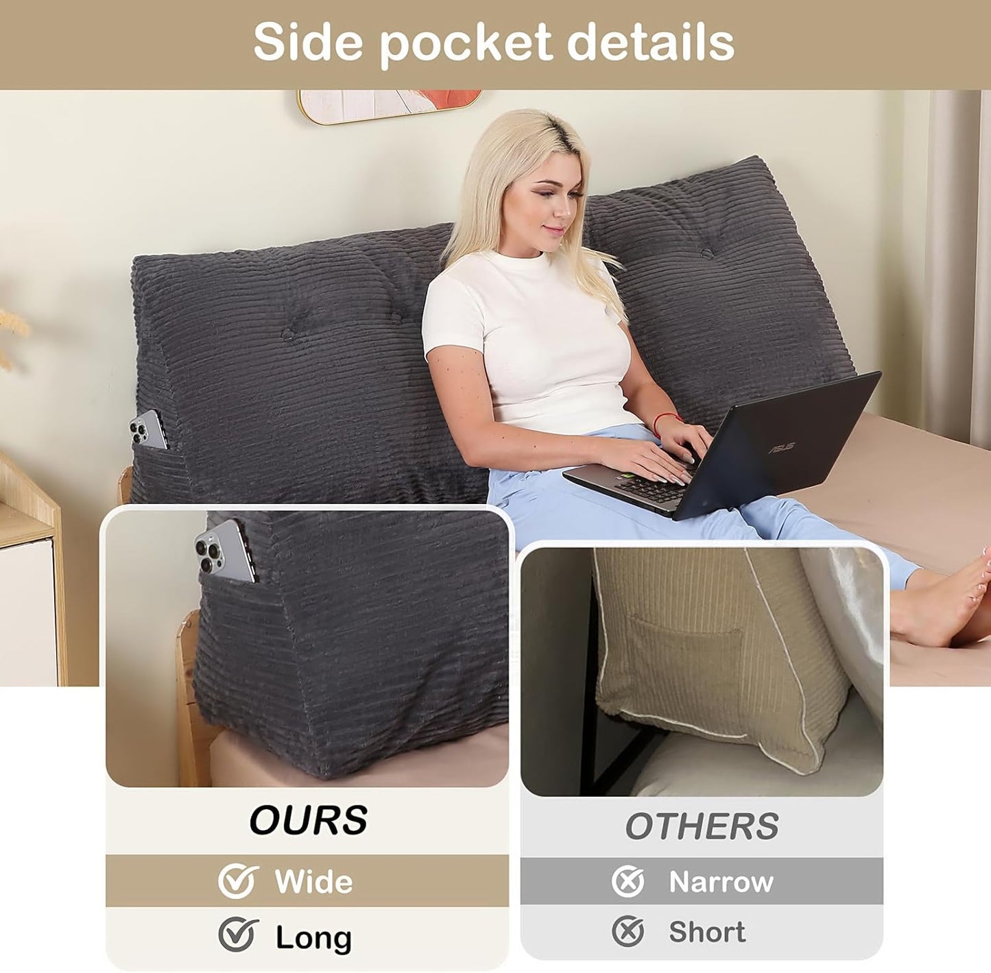 Headboard Pillow Queen, Wedge Headboard Pillow for Bed Sofa, Triangular Backrest Pillow with Removable Cover for Reading, Working, Sitting, Dark Grey