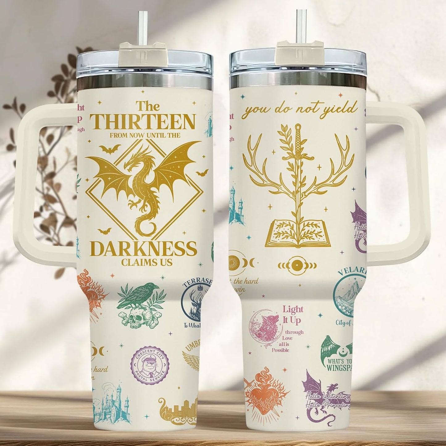 Fantasy Bookish Tumbler - 40oz Insulated Stainless Steel Mug with Handle - Dragon and Sword Throne Aesthetic - You Do Not Yield Quote - Gift for Epic Fantasy Readers, Book Lovers