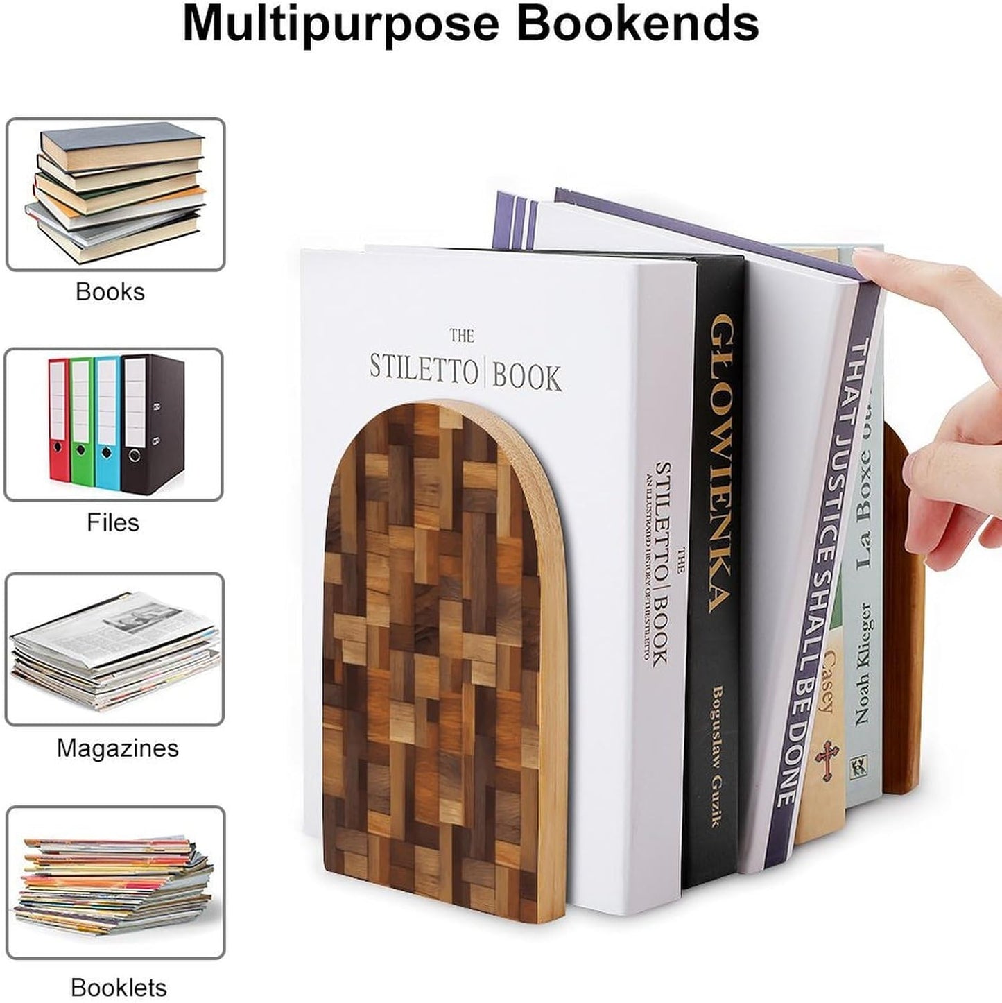 Wood Bookend for Shelves Wooden Book End Large Size Sturdy Book Holders Stoppers with Metal Base for Bookshelves Slick Decorative Bookends Stands