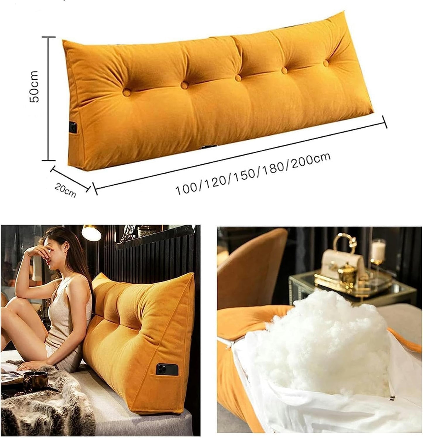 Reading Pillows Velvet Bolster Lumbar Support Back Long Cushion, Solid Color Wedge Headboard Triangular Backrest, PP Cotton Filled Rest Daybed Pillow, Removable Washable, 180cm/70inch