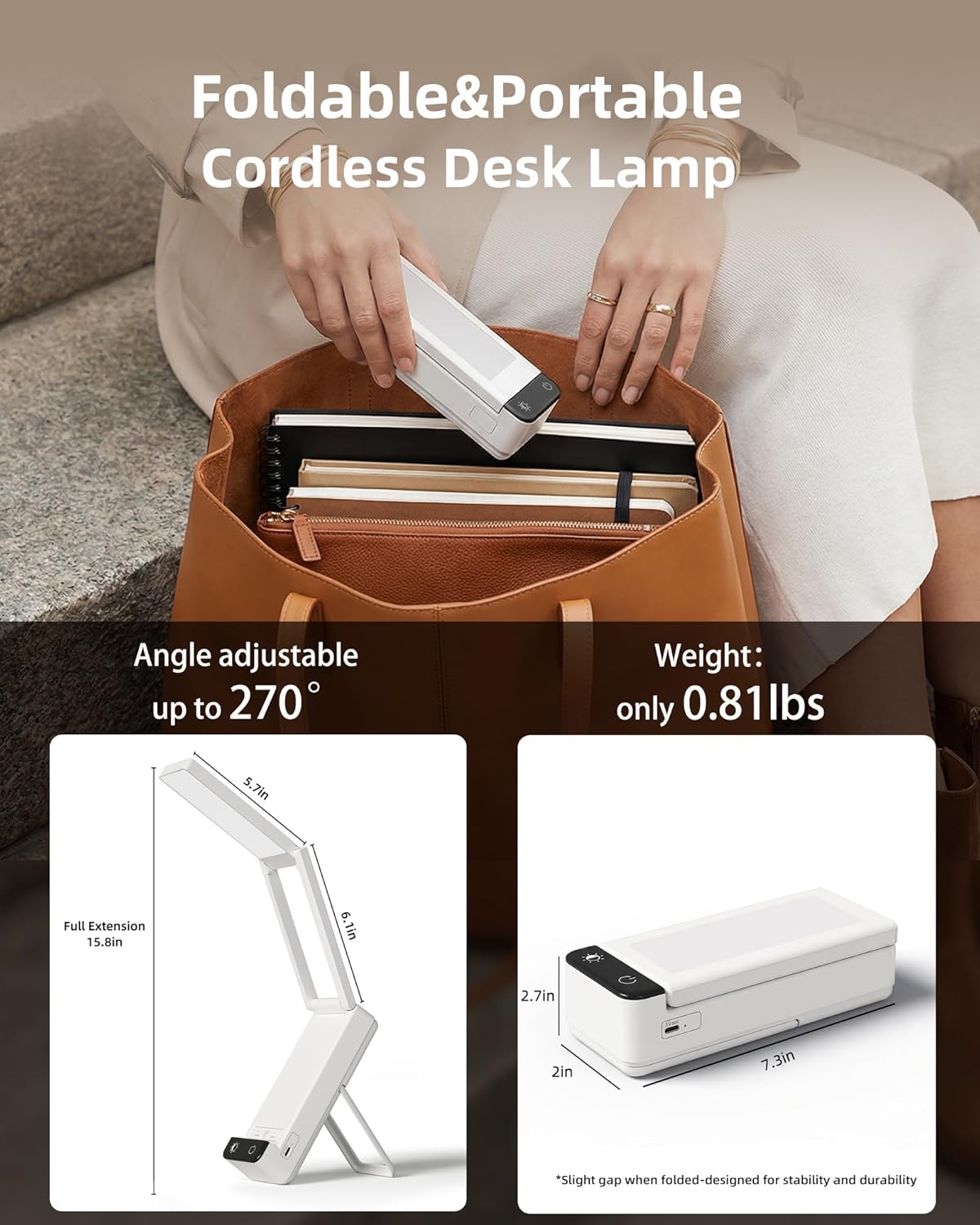 EZVALO Rechargeable Desk Lamp,6000mAh Battery Wireless Light,Cordless Table Lamp for Book Reading,Foldable Mini Lamps&Portable,3 Color Dimmable Small Light for Bed,Nail Light,Craft(White)