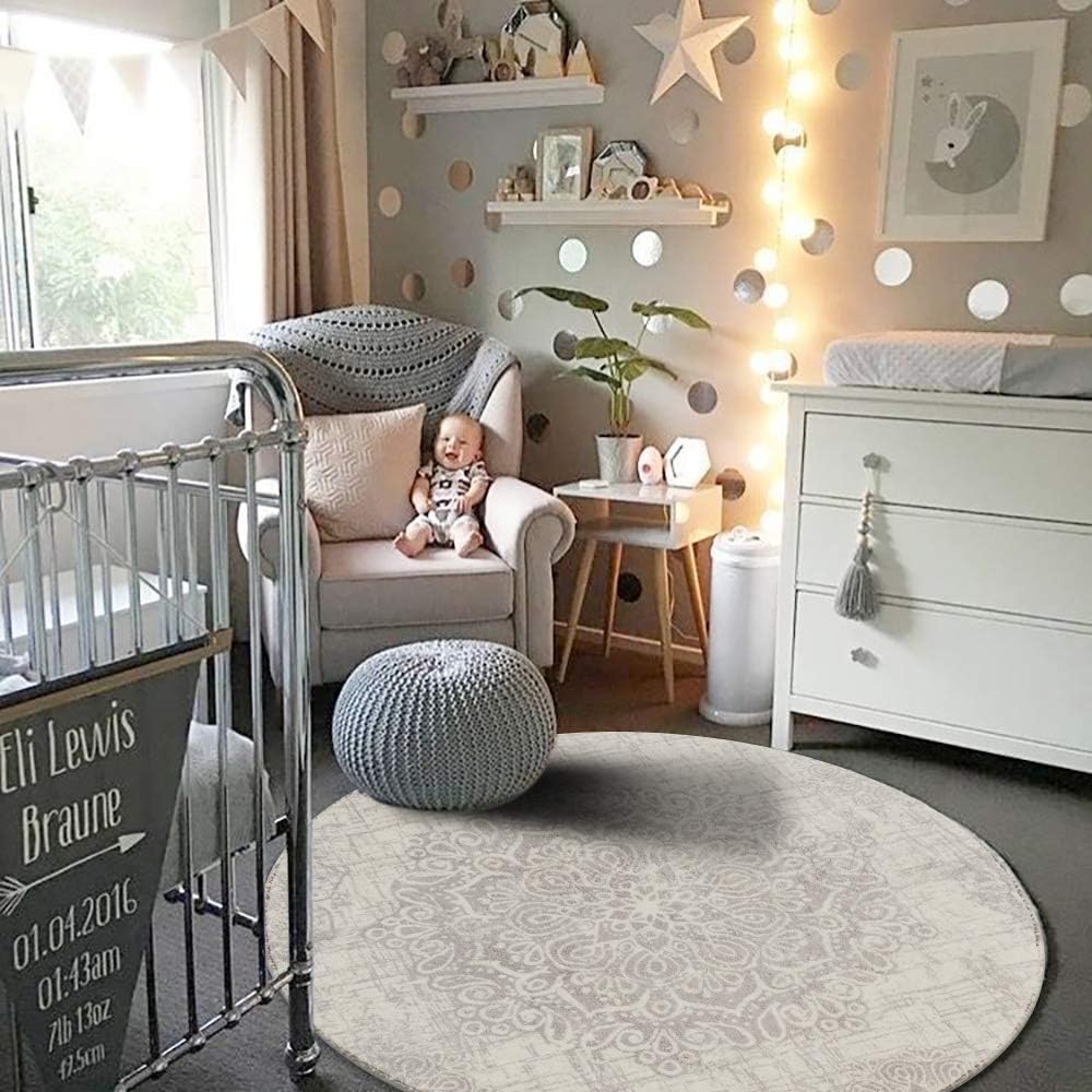 Lahome Medallion Round Rug 4ft, Washable Round Area Rug for Entryway, Non Slip Circle Bathroom Rug Ultra-Thin Door Mat, Gray Accent Throw Small Round Rugs for Office Bedroom Laundry Room