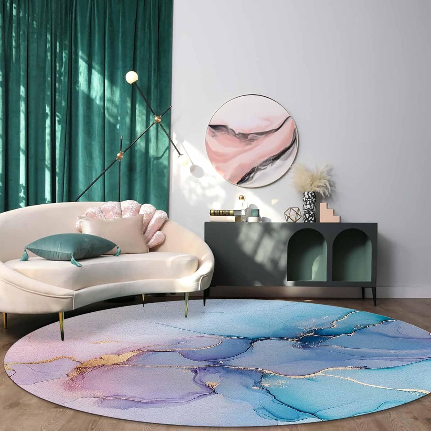 Marble Texture Round Rug 3ft Pink Turquoise Abstract Art Throw Soft Area Rug Low Pile Non Slip Rug Carpet Washable Floor Mat for Living Room, Bedroom, Farmhouse, Office