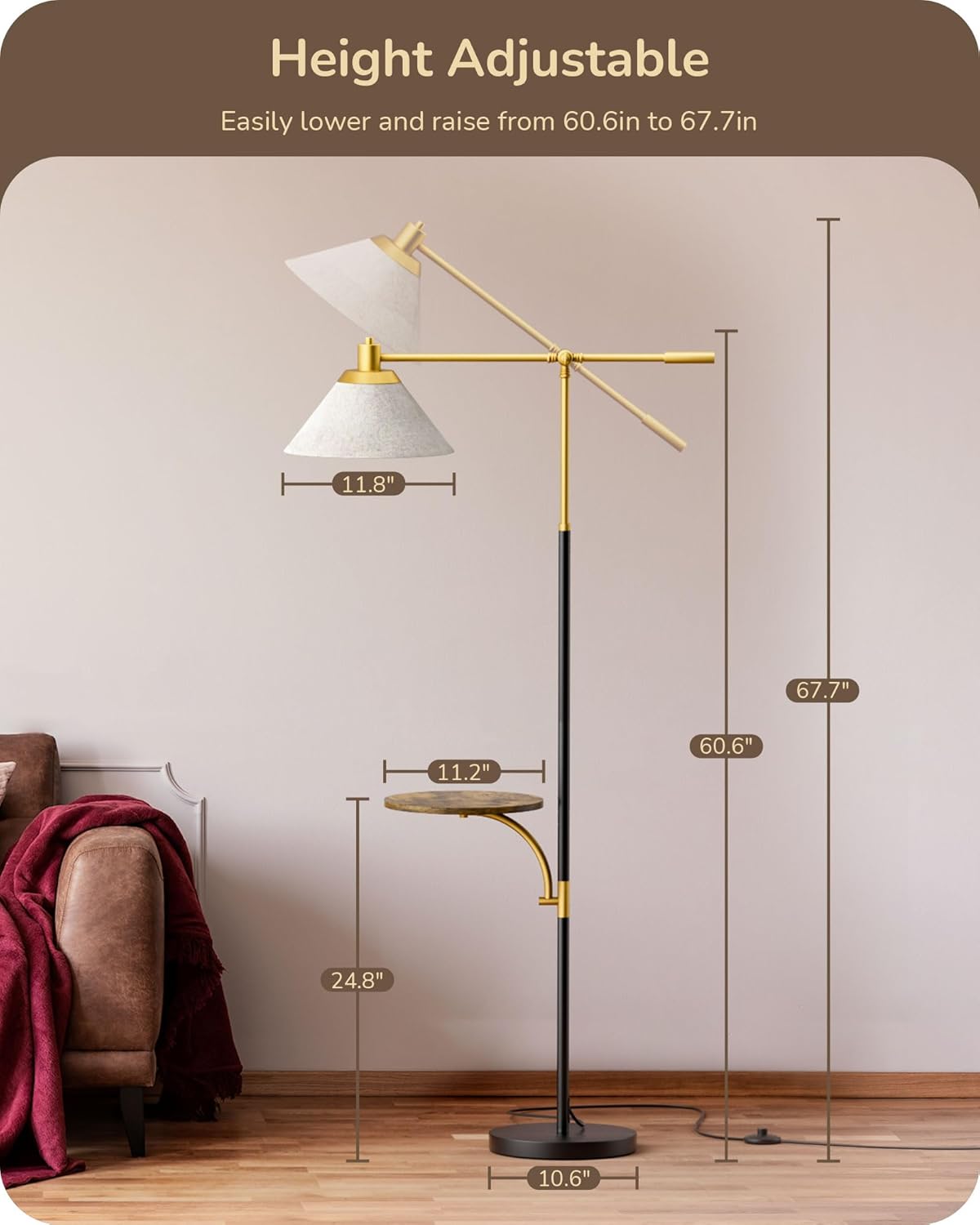 EDISHINE 68" Arc Floor Lamp with Table, Vintage Standing Lamp for Living Room with Tray, Height Adjustable, 5 Color Temperatures LED Bulb Included, Beige Shade, for Bedroom Office, Wood Grain