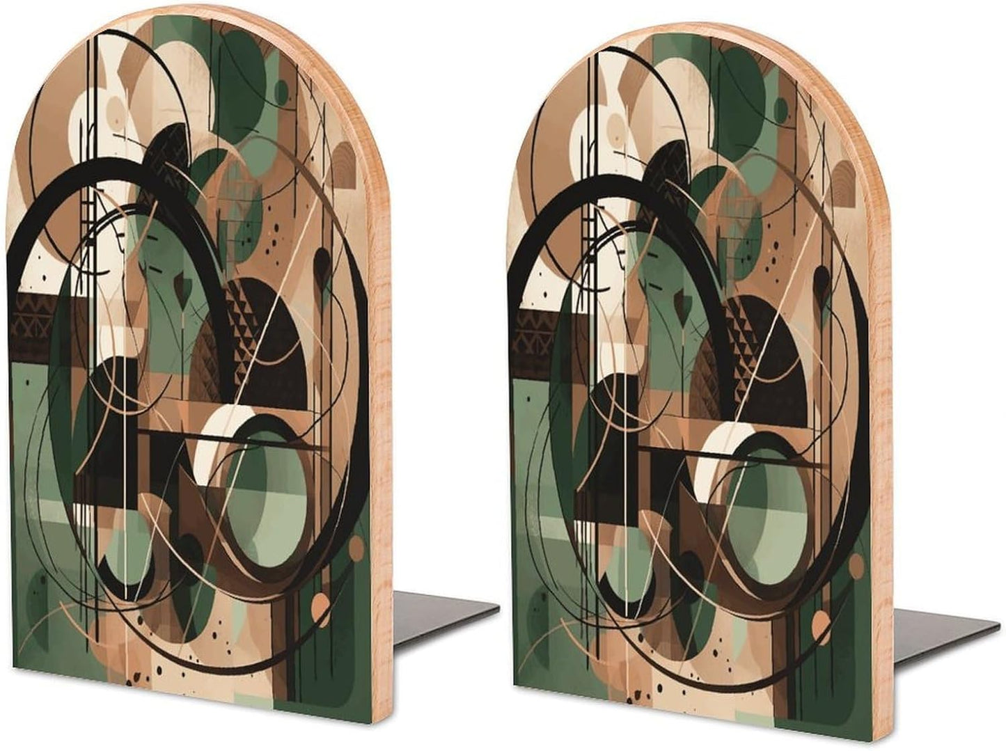 Green Circle Pattern Bookend for Shelves Wooden Book End Large Size Sturdy Book Holders Stoppers with Metal Base for Bookshelves Slick Decorative Bookends Stands