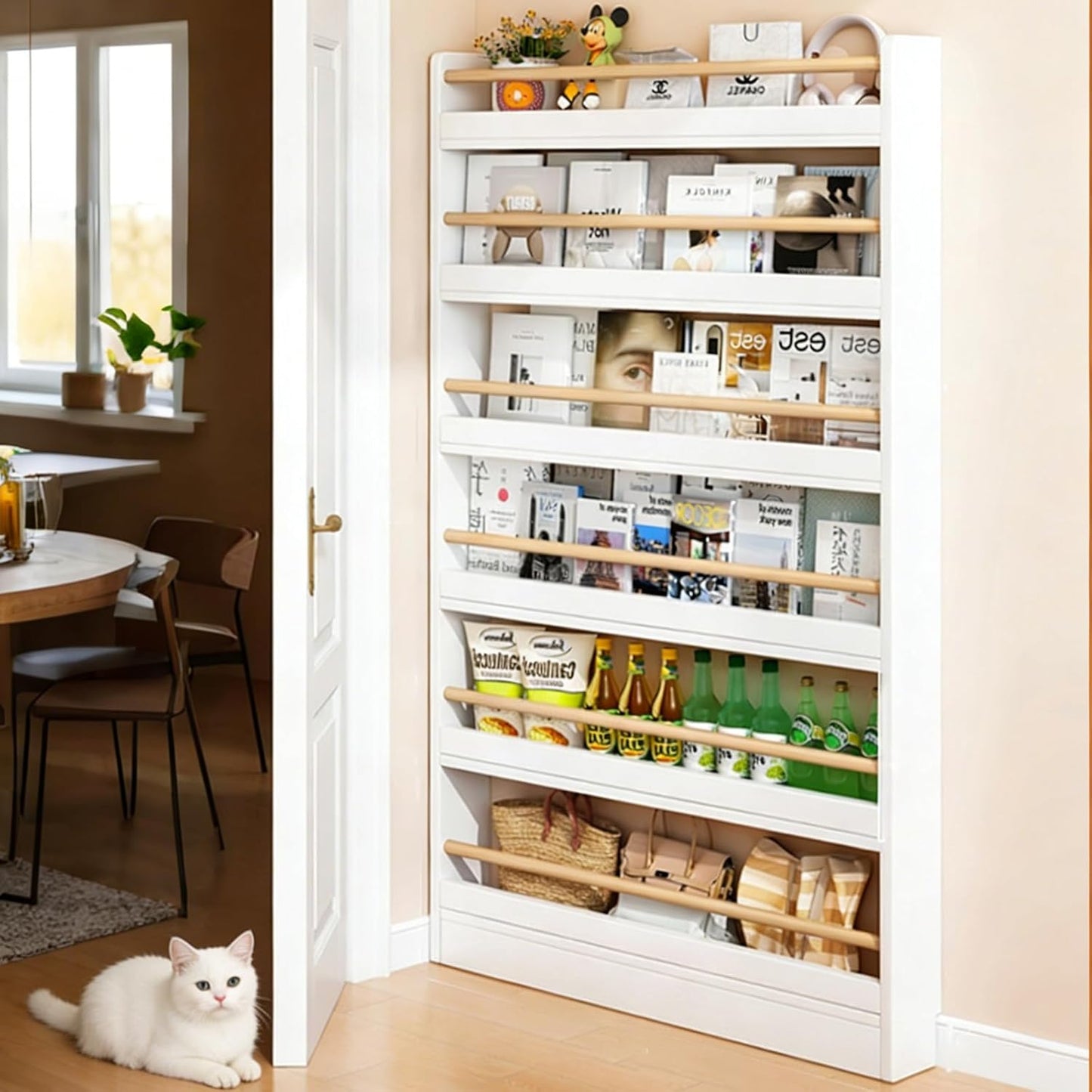Behind The Door Bookshelf 6-Tier Wooden Behind The Door Storage Cabinet Wall Mount Shelf Easy to Install for Bedroom Kid Room Living Room Library（White）