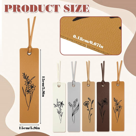 5 Pcs Flowers Leather Bookmark for Reading Bookmarks with Rope Cards Stitched Bookmark, Women Men Kids Floral Page Marker Reading Gift for Book Lover Teacher Gift School(Aesthetic Color)