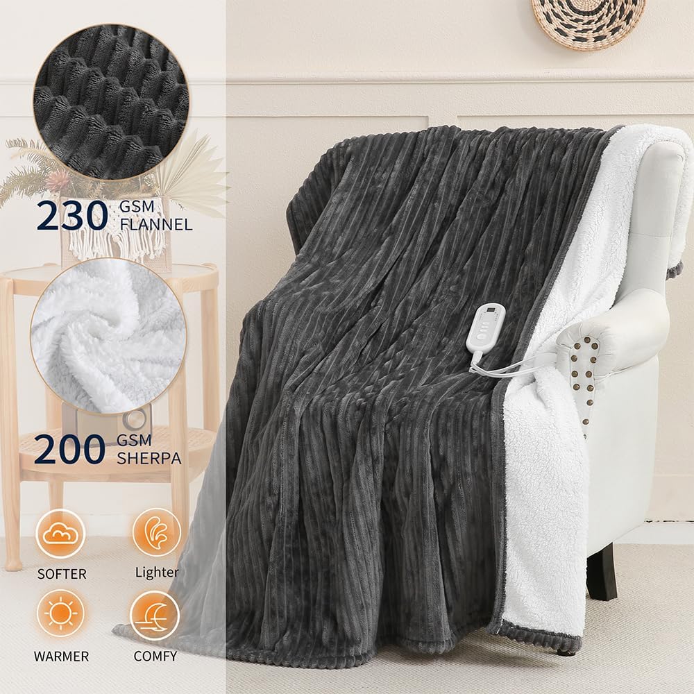 Sheet&Joy Heated Blanket Electric Grey Throw - 50"x60" Heating Blanket Throw 1/2/4/6/8 Hours Auto-Off 8 Heat Level Over-Heat Protection Ribbed Flannel Sherpa Electric ETL Certification