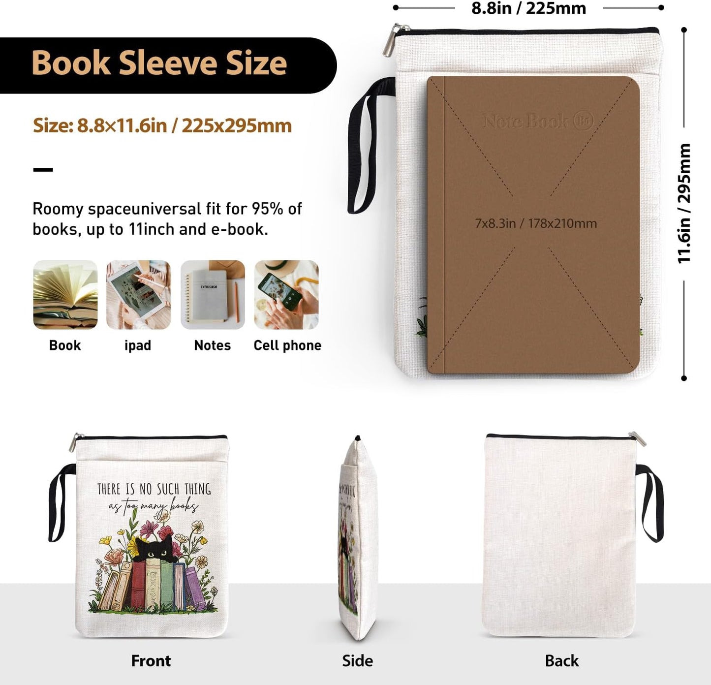 There is No Such Thing As Too Many Books Book Sleeve for Book Lovers Bookish, Black Cat Book Cover Gifts for Women Librarian Teachers Book Club Bookworm Birthday Graduation Reading Day