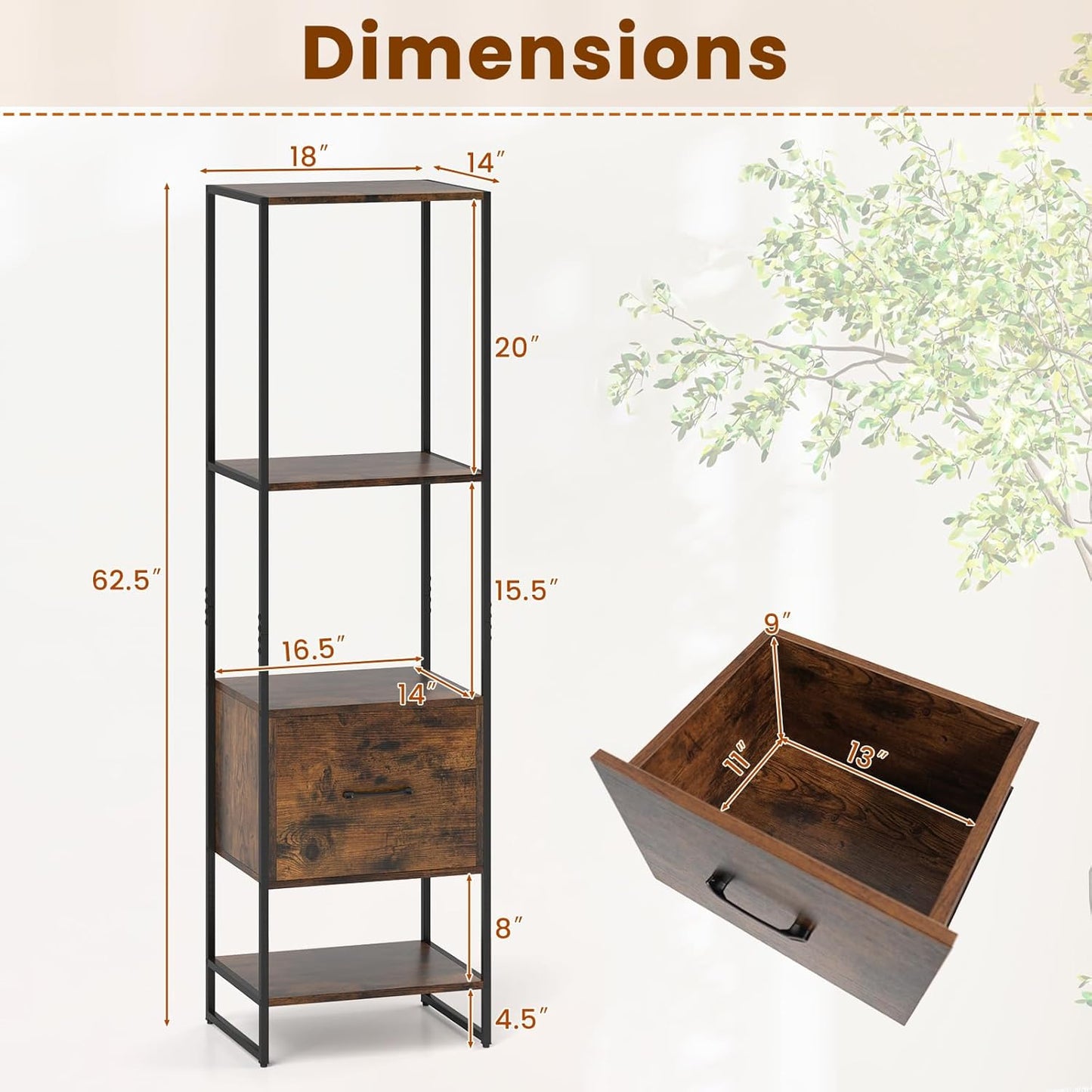 Giantex 5-Tier Bookshelf with Drawer, Narrow Bookcase w/Open Shelves & Metal Frame, Modern Storage Organizer Shelving Unit, Freestanding Display Rack for Bedroom Living Room (1,Rustic Brown+Black)