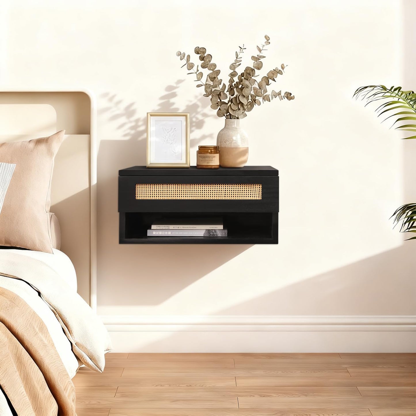 Floating Nightstand, Small Modern Rattan Floating Nightstand with Drawer, Floating Shelves for Bedroom, Bathroom Minimalist and Unique Style 16”x 10”x 8”Black