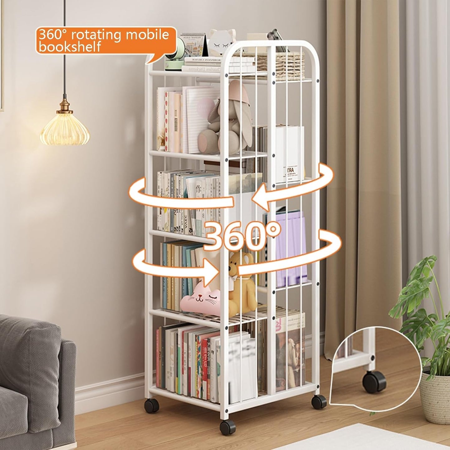 SEIFE Open Floor-to-Ceiling Invisible Bookshelf，Movable Creative Iron Storage Rack，Metal Tall Narrow Ladder Bookshelf,Tall Metal Bookcase Bookshelf with Wheels(White,124cm/48.8in)