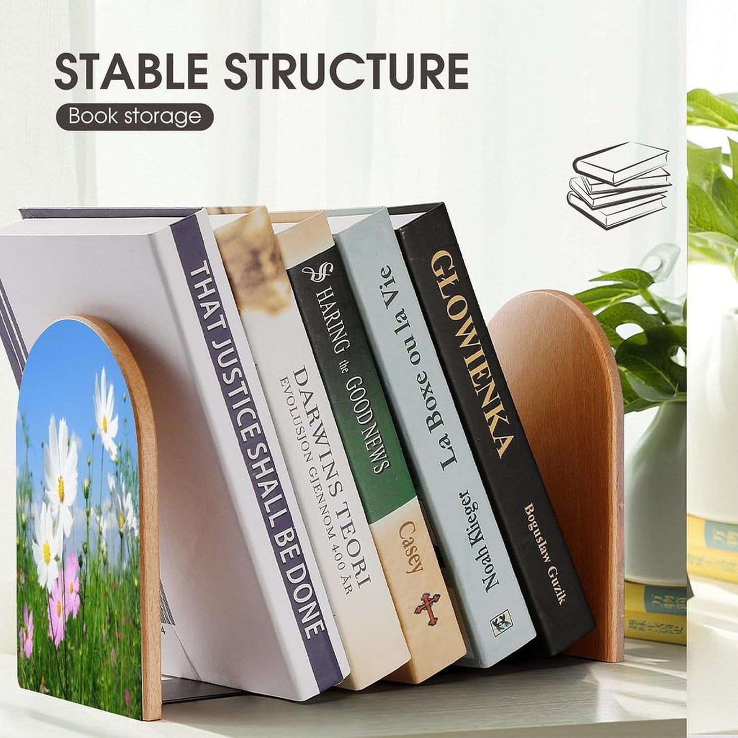 Pink and White Flowers Wooden Bookend Non-Slip Book Ends Heavy Duty Book Stopper with Metal Base Books Holderd Decorative Bookends Stands Firmly for Office Supplies