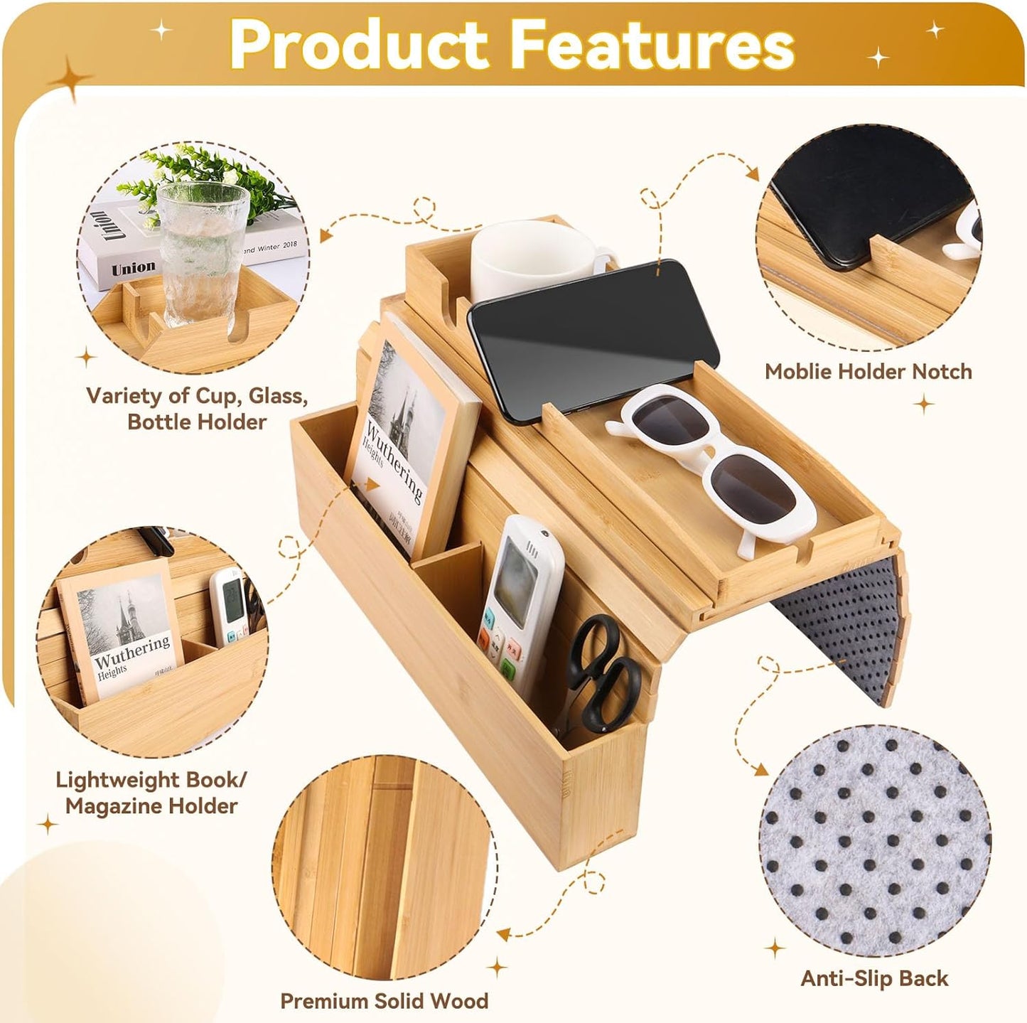 Bamboo Sofa Arm Tray, 2-in-1 Foldable Couch Armrest Tray with Detachable Cup Holder,Couch Arm Table for Armrests 5.5"–10.5" Wide,Anti-Falling Sofa Table for Drink,Cups,Phone,Snacks,Remote