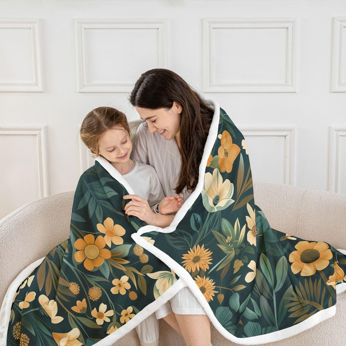 Feelyou Vintage Floral Throw Blanket Boho Floral Soft Fleece Sherpa Cozy Fuzzy Plush Warm Flower Fuzzy Plush Throw Queen 90"x90" for Bed Couch Living Room