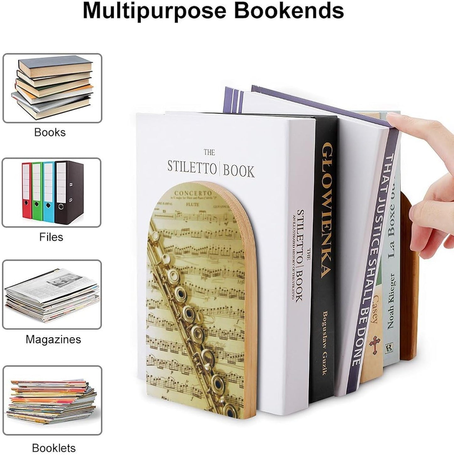 Flute Music Wooden Bookend Non-Slip Book Ends Heavy Duty Book Stopper with Metal Base Books Holderd Decorative Bookends Stands Firmly for Office Supplies