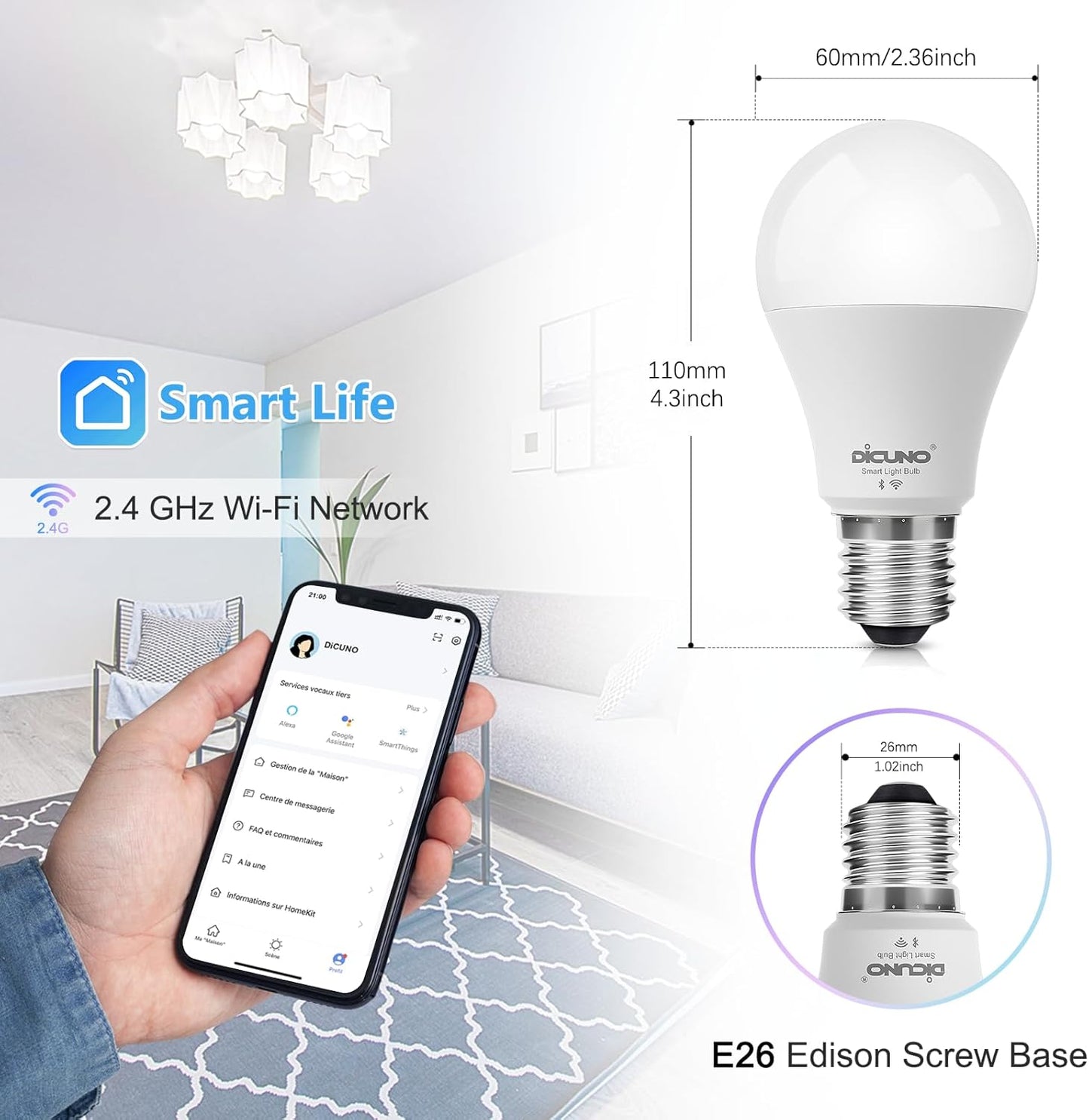 DiCUNO Smart Light Bulbs, Wi-Fi Bluetooth LED Lights, Multi Colors Changing Bulb RGBCW Dimmable, Works with Alexa, Google Home Assistant, No Hub Required, A19 E26 9W 800LM 2.4Ghz only, 2 Pack