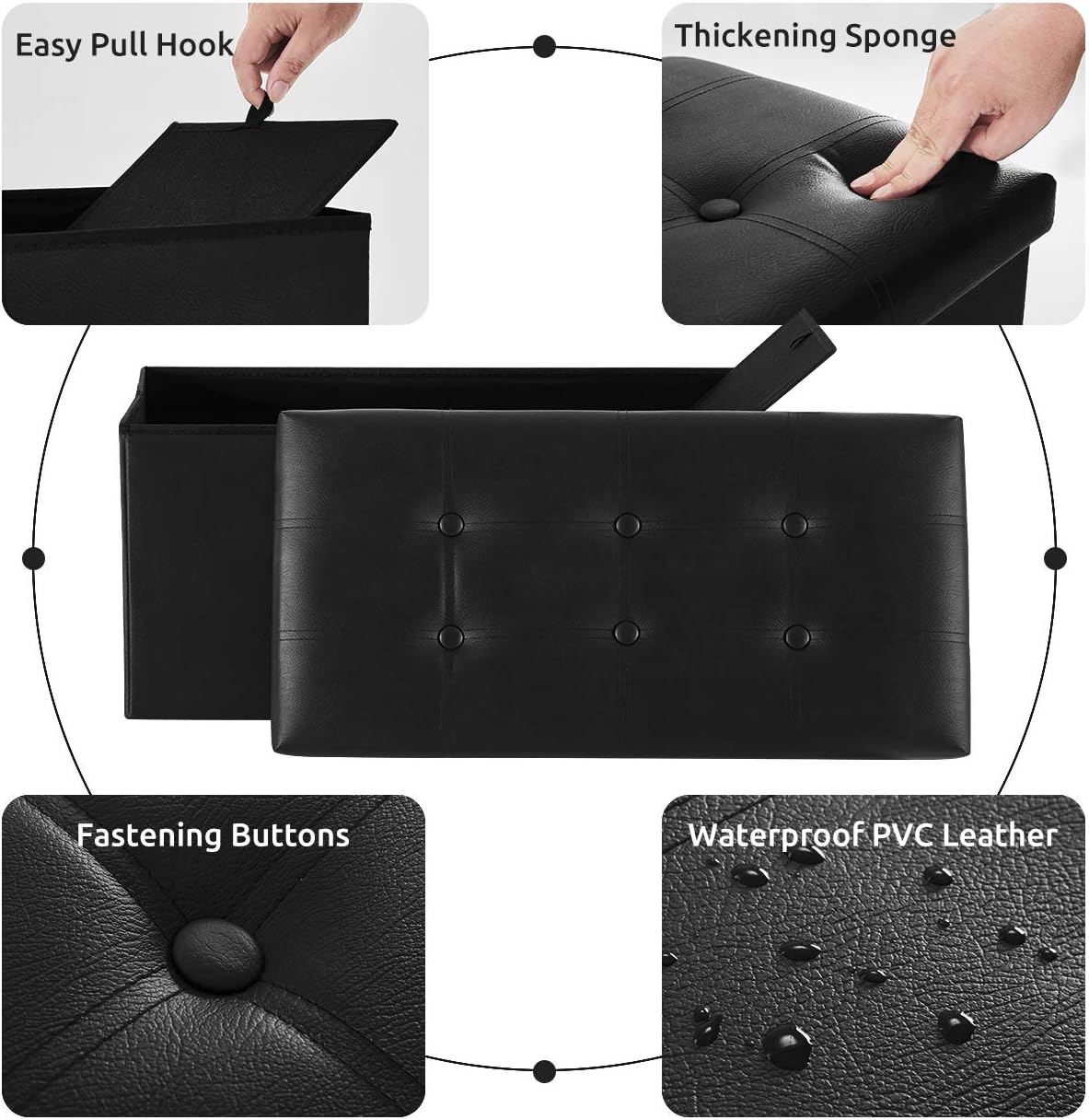 YOUDENOVA Folding Storage Ottoman, Faux Leather Ottoman Bench Footrest Ottoman, Storage Chest Padded Seat for Bedroom and Living Room, Black, 15" D x 30" W x 15" H