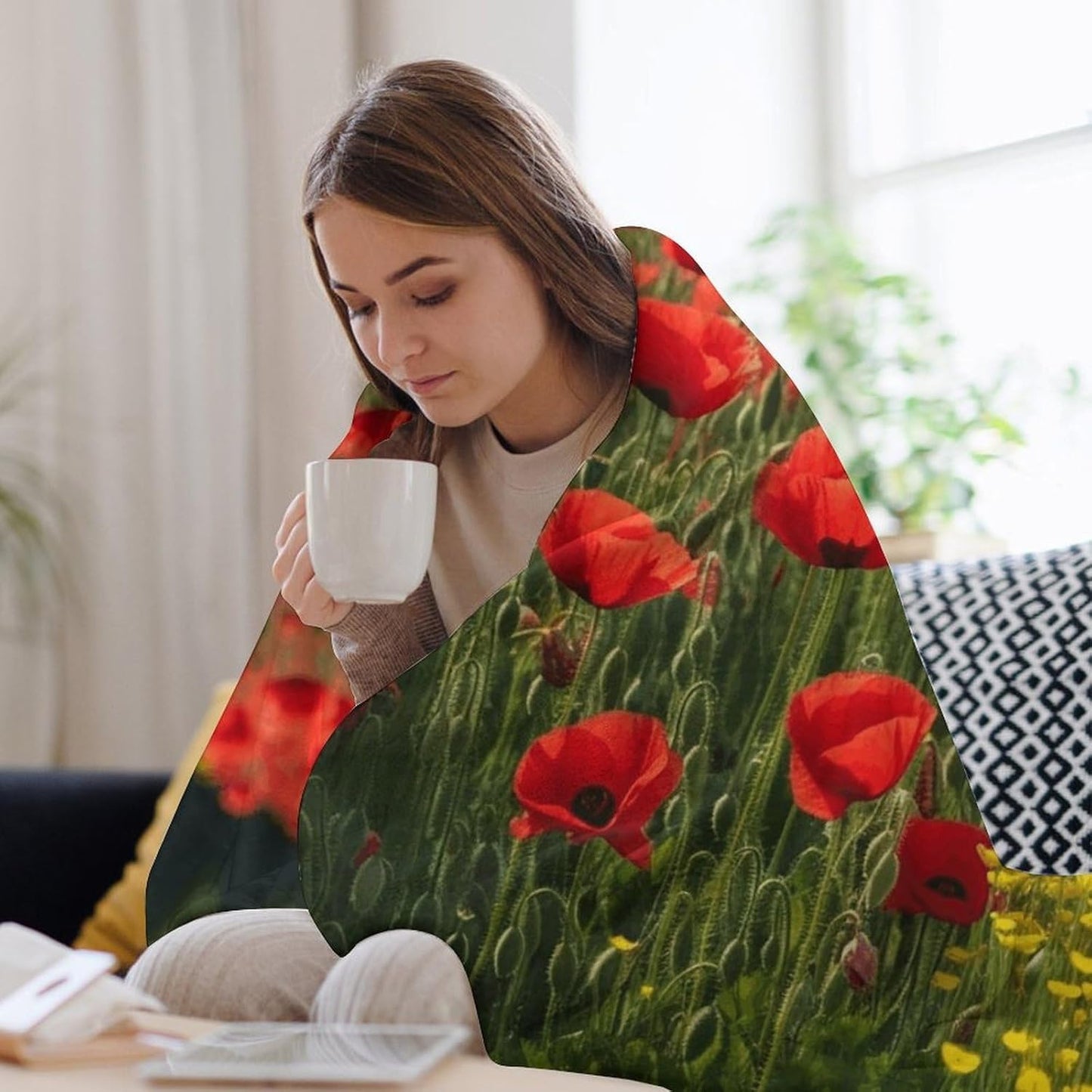 Red Poppy Field Farm Meadow Landscape Throw Blanket for Couch Super Soft Warm Lightweight Throw Blankets Cozy Flannel Bed Blanket Cute Decorative Blankets for All Seasons Home Decor Gift 30"*40"（76*10